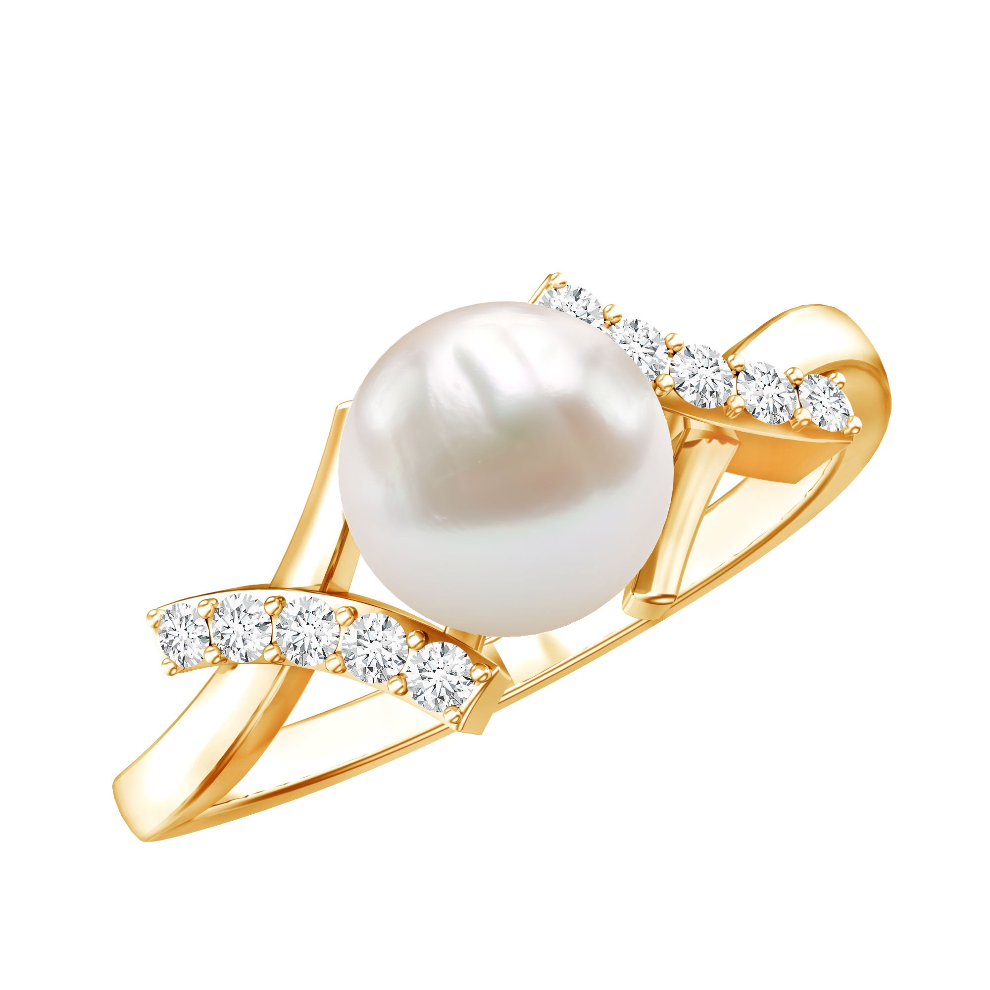 Freshwater Pearl Solitaire Crossover Engagement Ring with Diamond AAA - Rosec Jewels