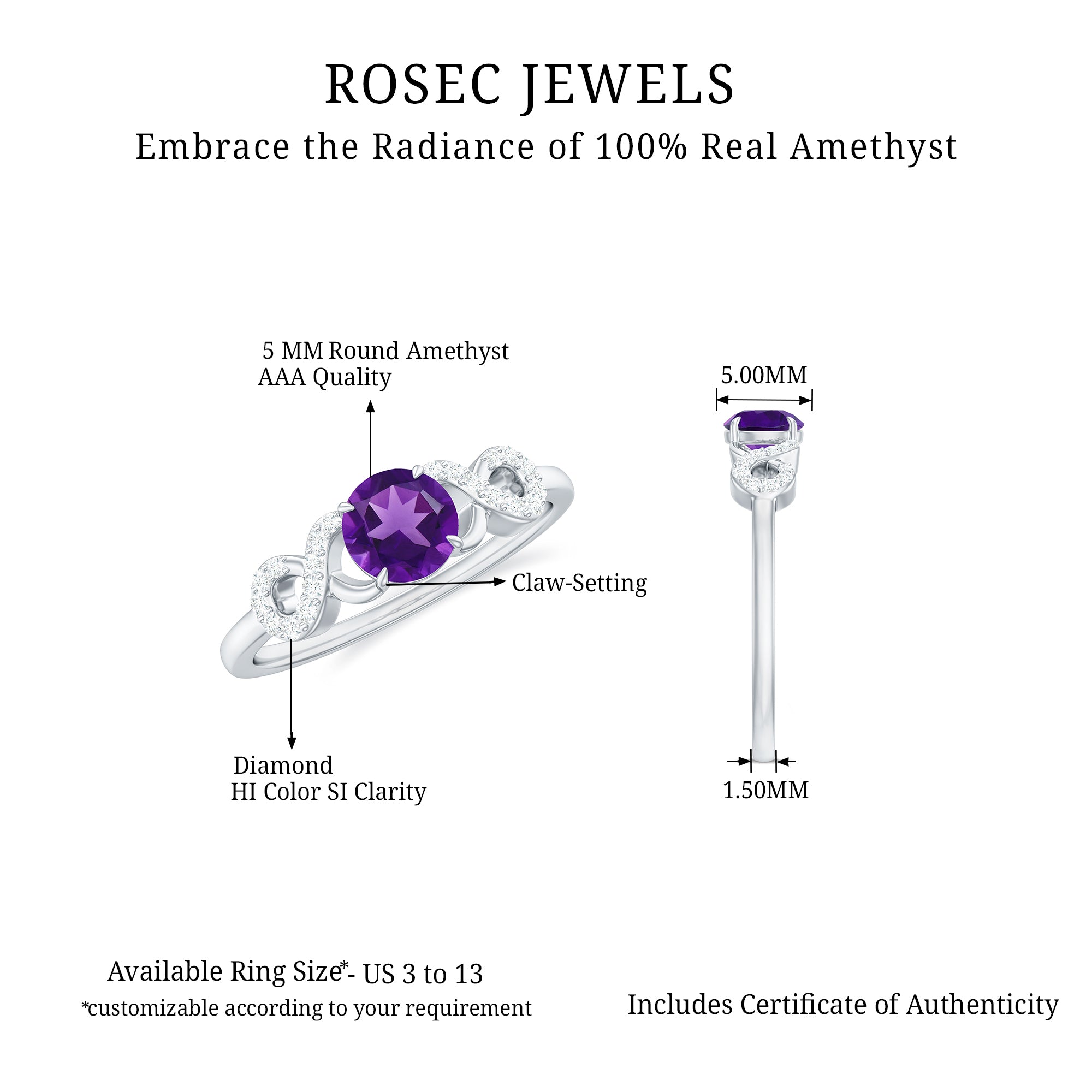 Rosec Jewels-Natural Amethyst Engagement Ring with Diamond Infinity Knot