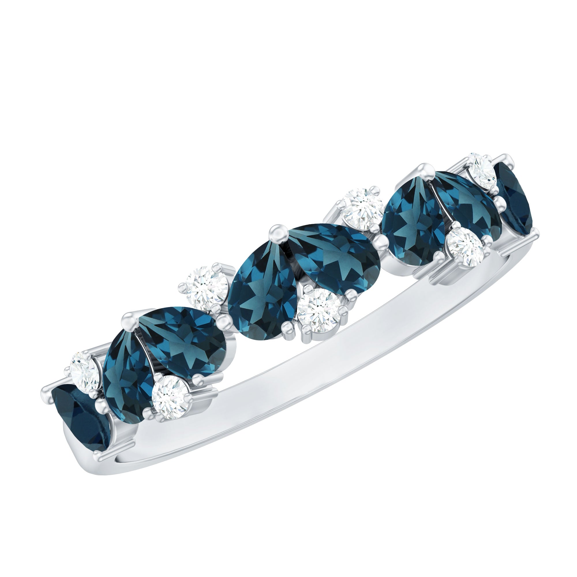 Rosec Jewels-Pear Shape London Blue Topaz Half Eternity Band with Lab Made Diamond