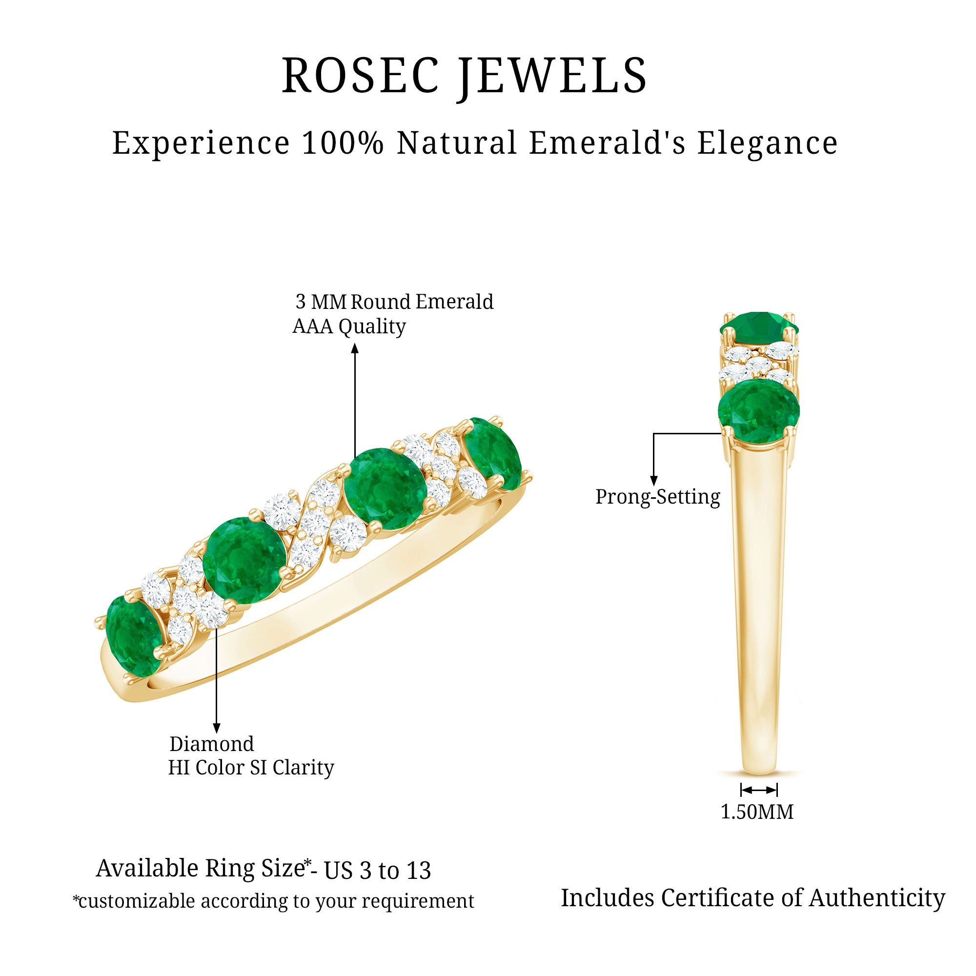 Natural Emerald Diamond Half Eternity Anniversary Band with Certificate AAA - Rosec Jewels