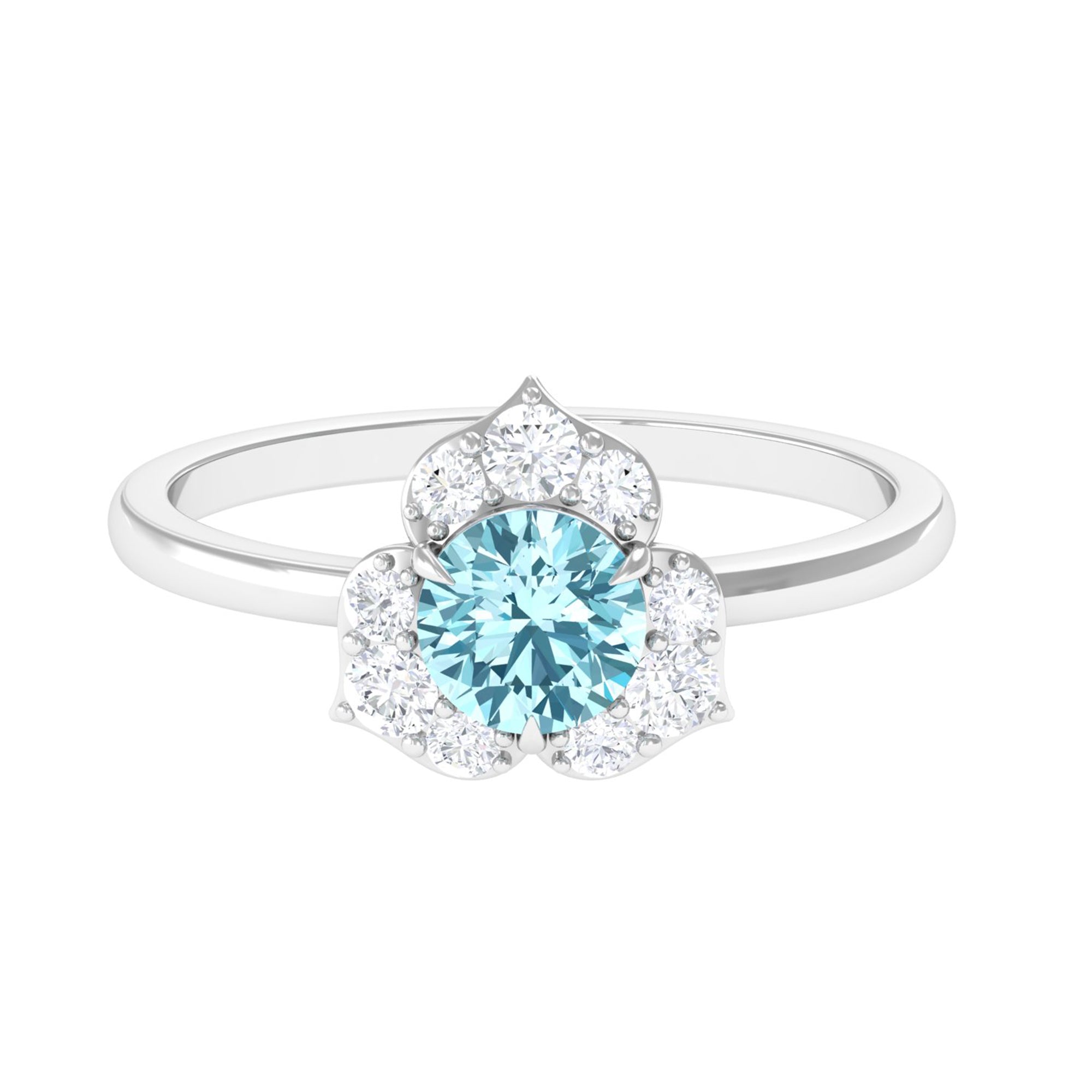 Rosec Jewels-Real Round Aquamarine and Diamond Flower Engagement Ring with Certificate