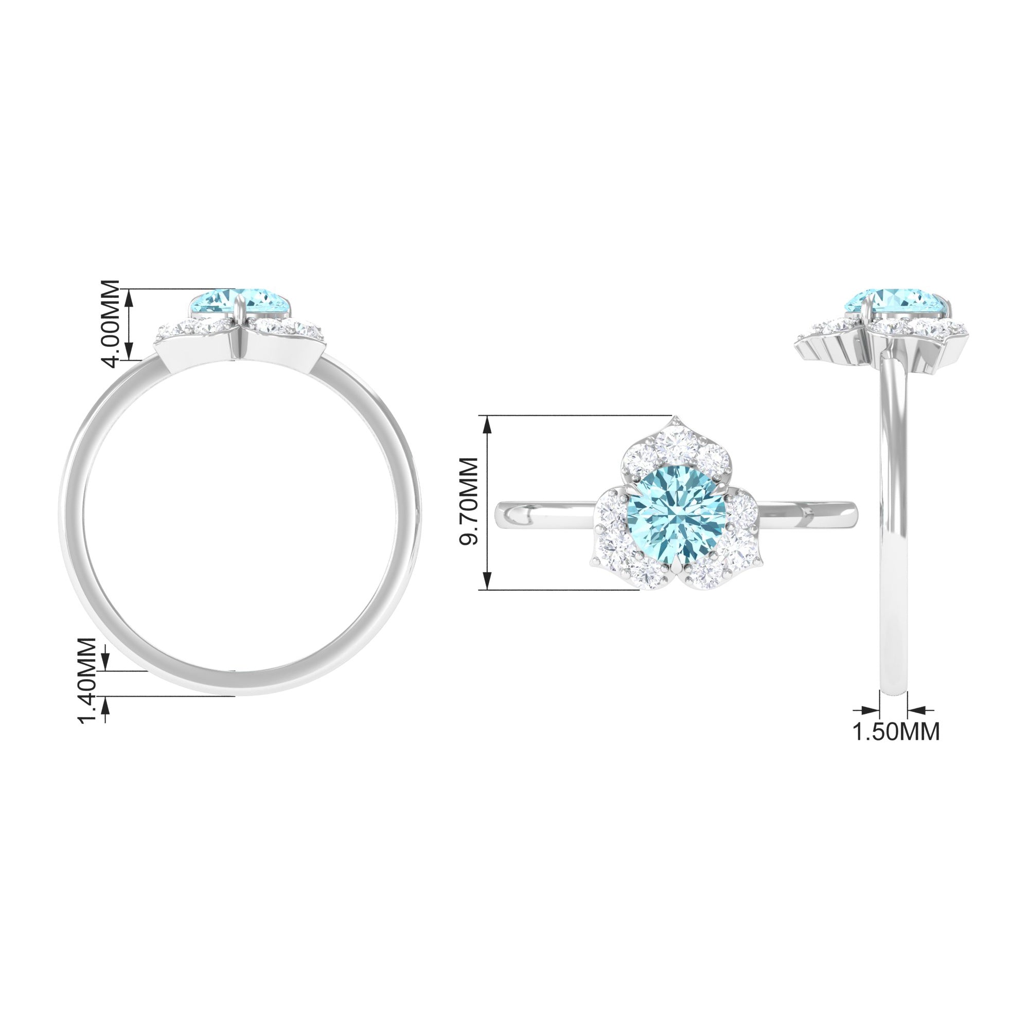 Rosec Jewels-Real Round Aquamarine and Diamond Flower Engagement Ring with Certificate