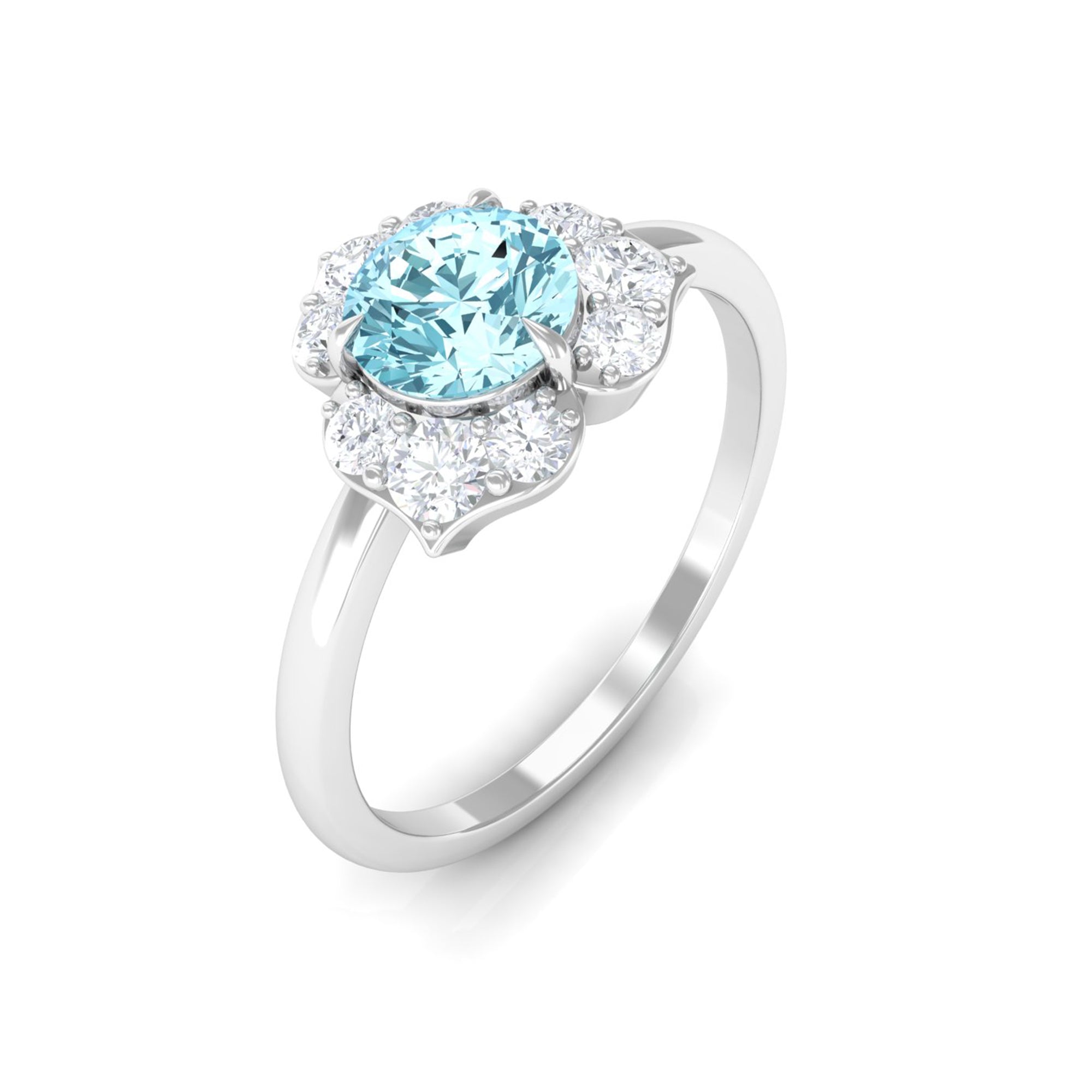 Rosec Jewels-Real Round Aquamarine and Diamond Flower Engagement Ring with Certificate