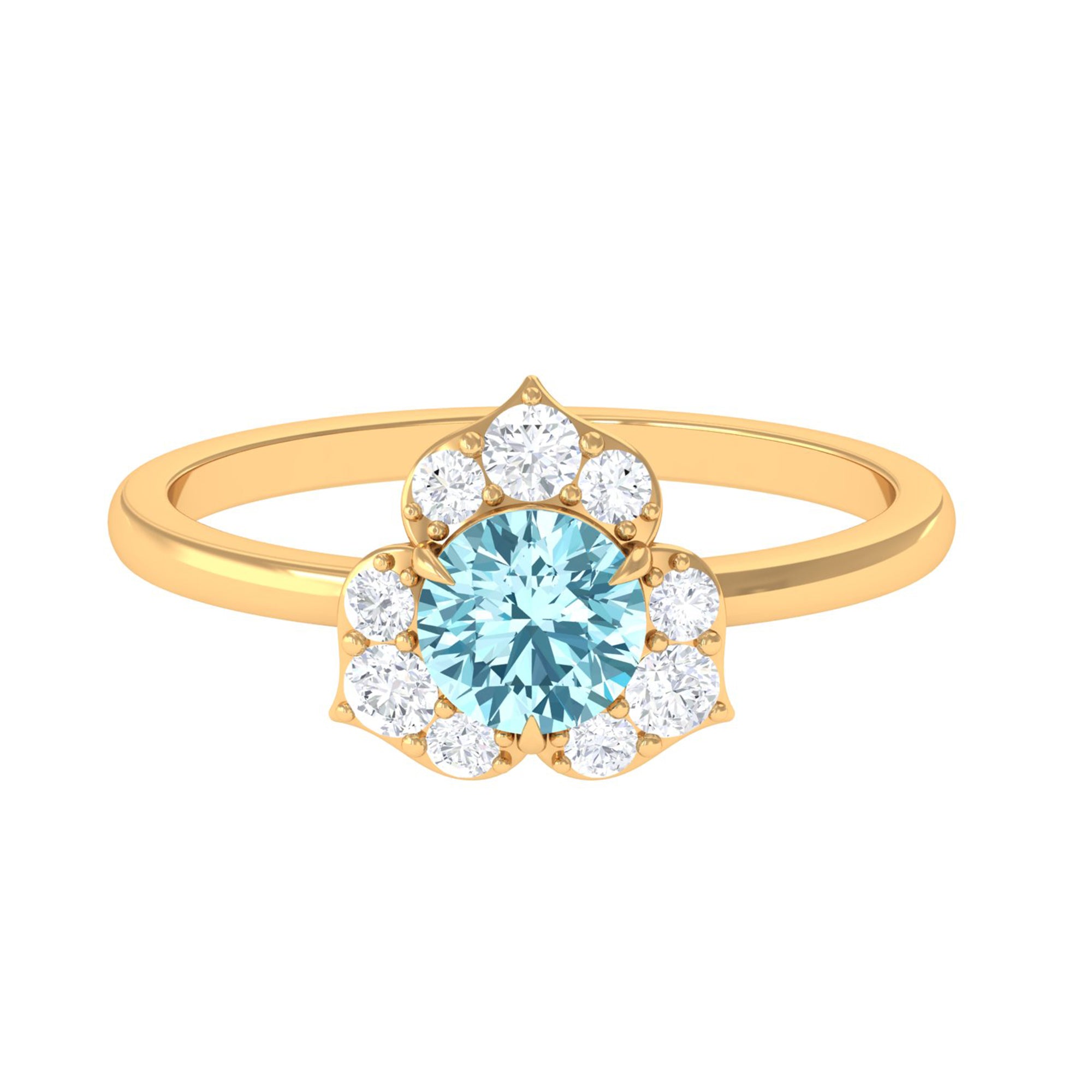 Rosec Jewels-Real Round Aquamarine and Diamond Flower Engagement Ring with Certificate