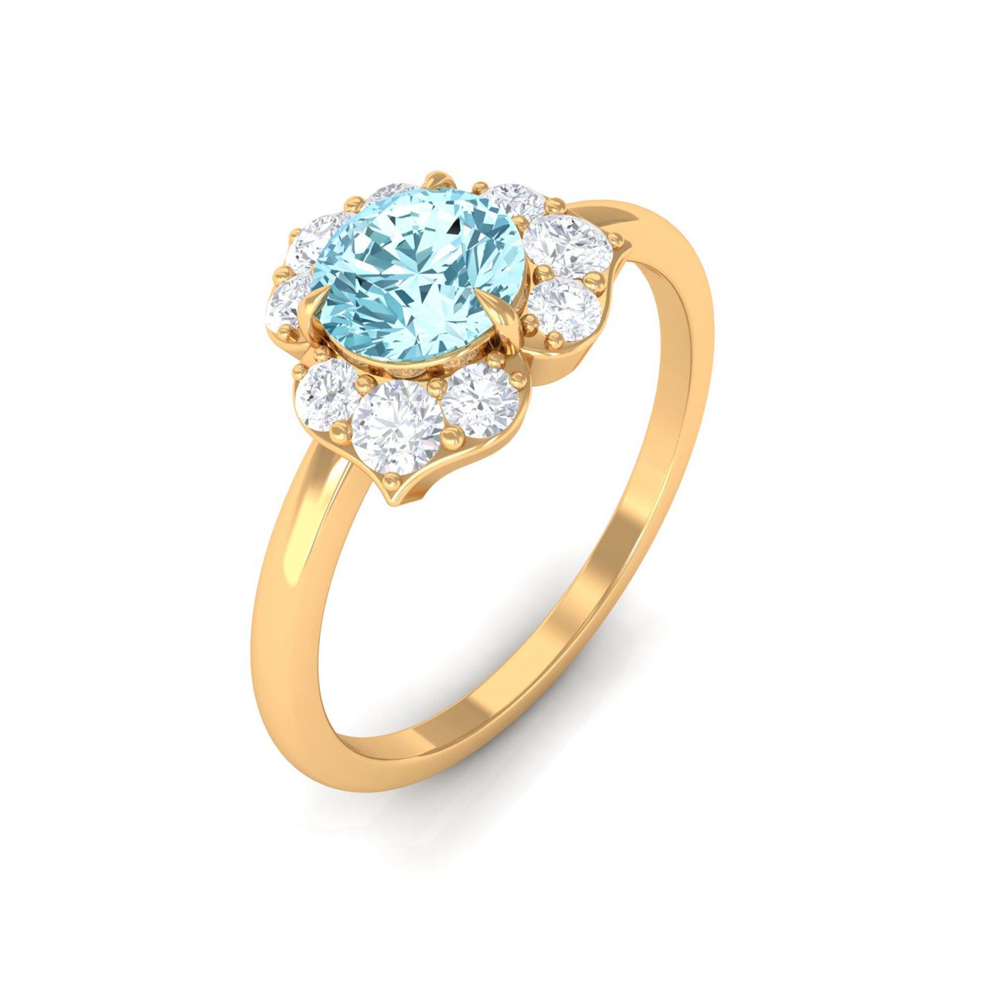 Rosec Jewels-Real Round Aquamarine and Diamond Flower Engagement Ring with Certificate