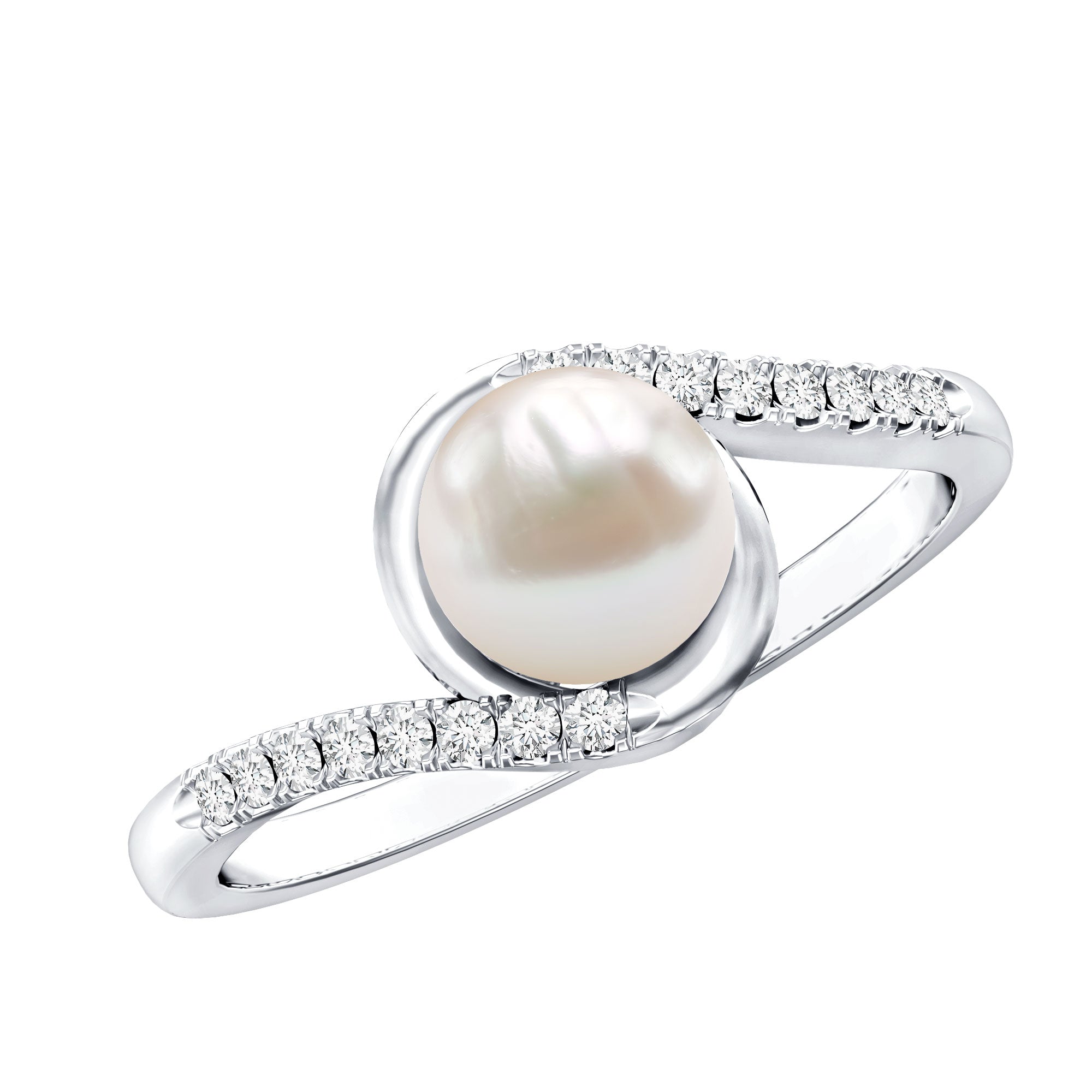 Rosec Jewels-Freshwater Pearl Solitaire Bypass Engagement Ring with Diamond Accent