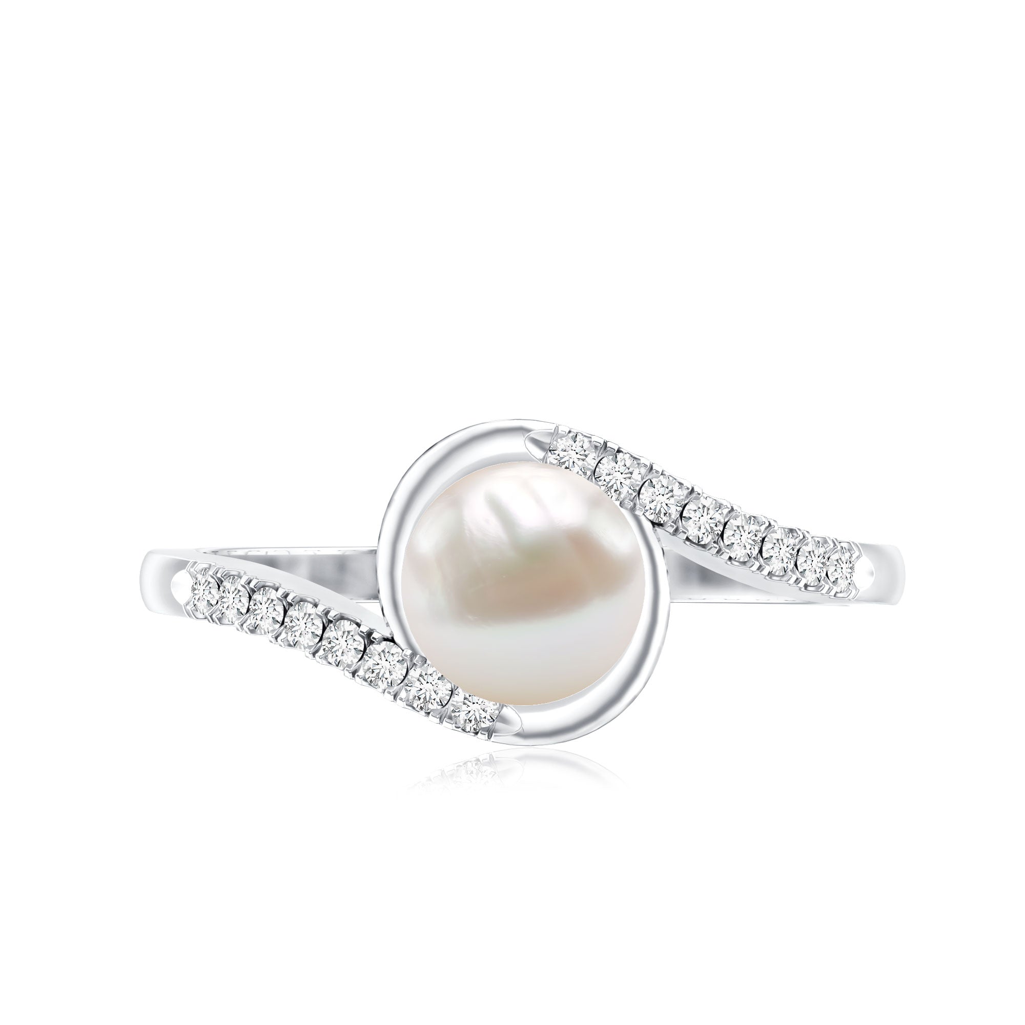 Rosec Jewels-Freshwater Pearl Solitaire Bypass Engagement Ring with Diamond Accent
