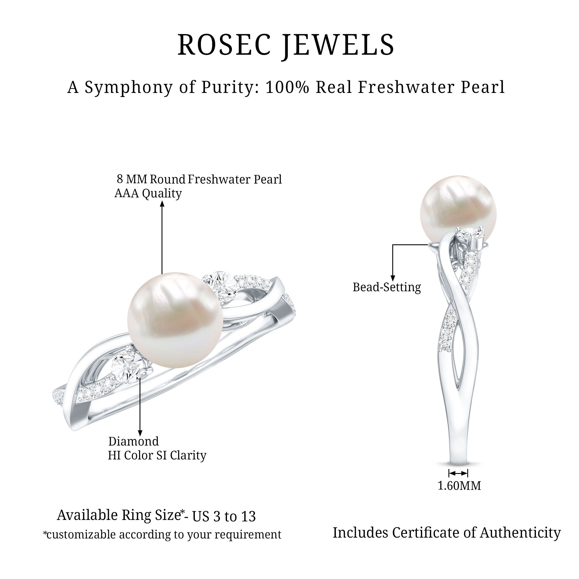 Rosec Jewels-Genuine 7.4 Carat Freshwater Pearl Engagement Ring with Diamond Crossover Shank