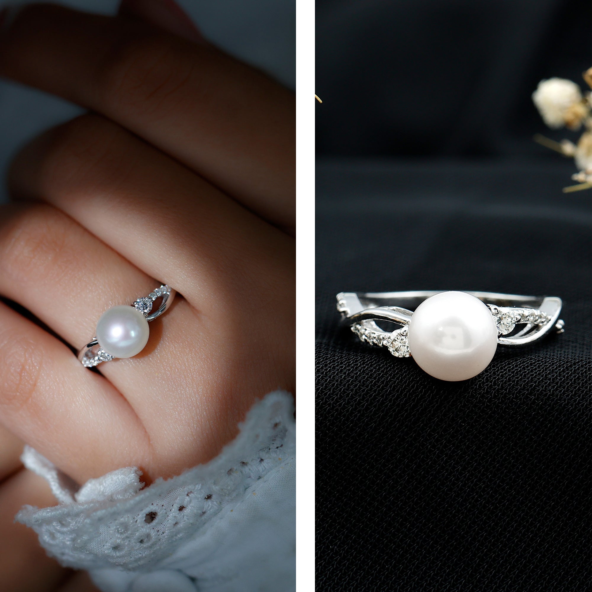 Natural Freshwater Pearl and Diamond Solitaire Crossover Ring