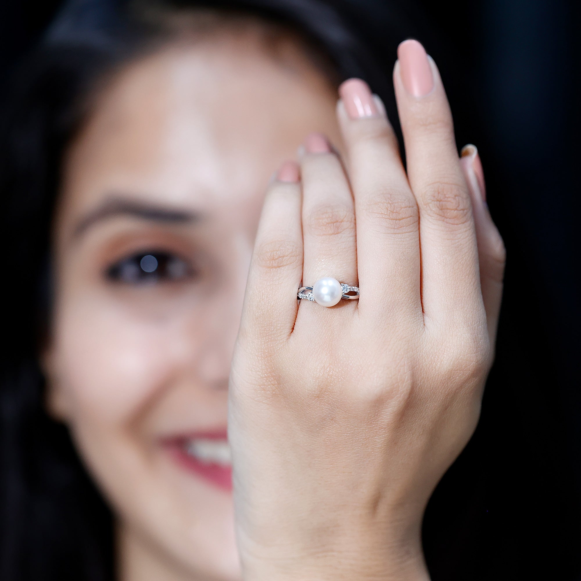 Natural Freshwater Pearl and Diamond Solitaire Crossover Ring