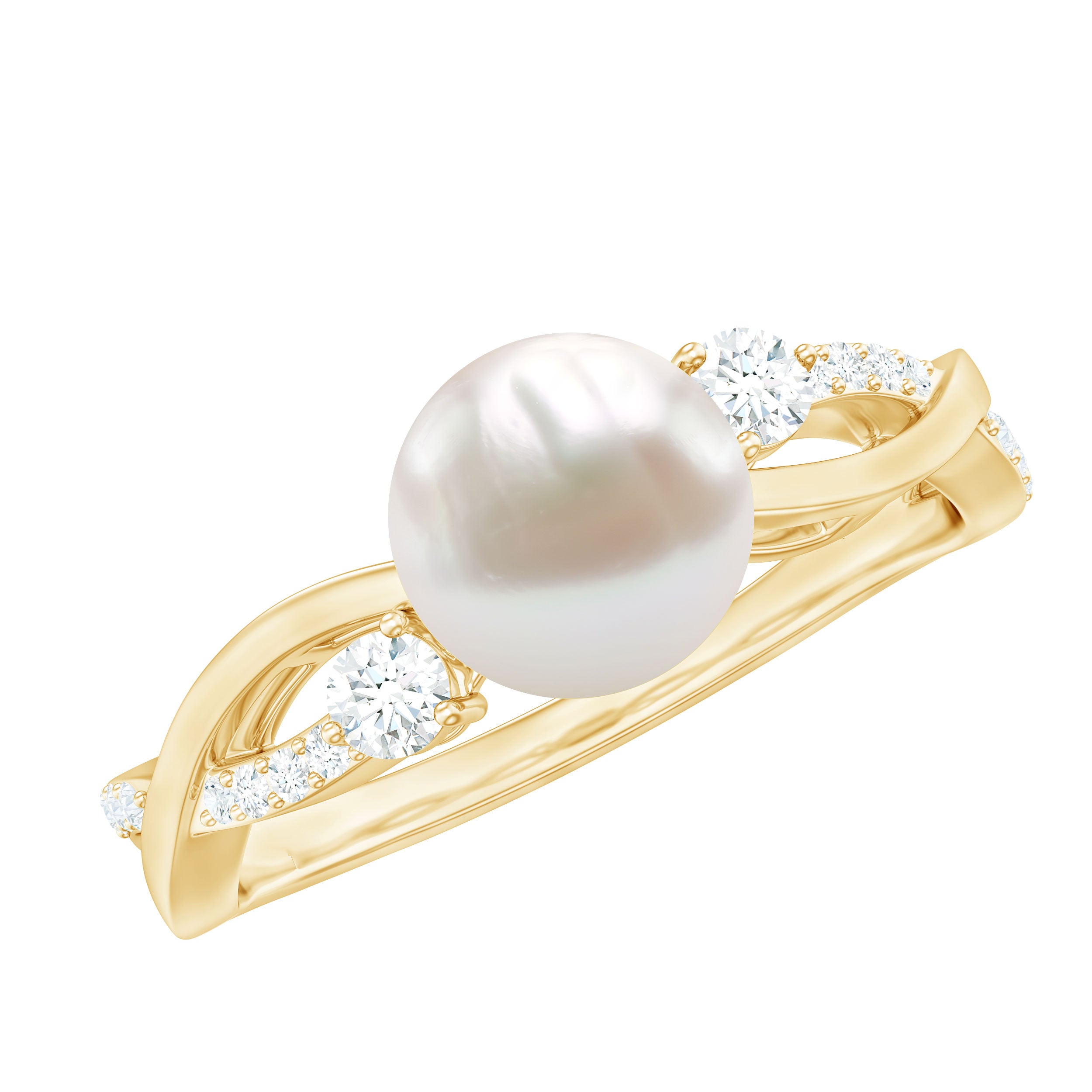 Natural Freshwater Pearl and Diamond Solitaire Crossover Ring Freshwater Pearl - ( AAA ) - Quality - Rosec Jewels