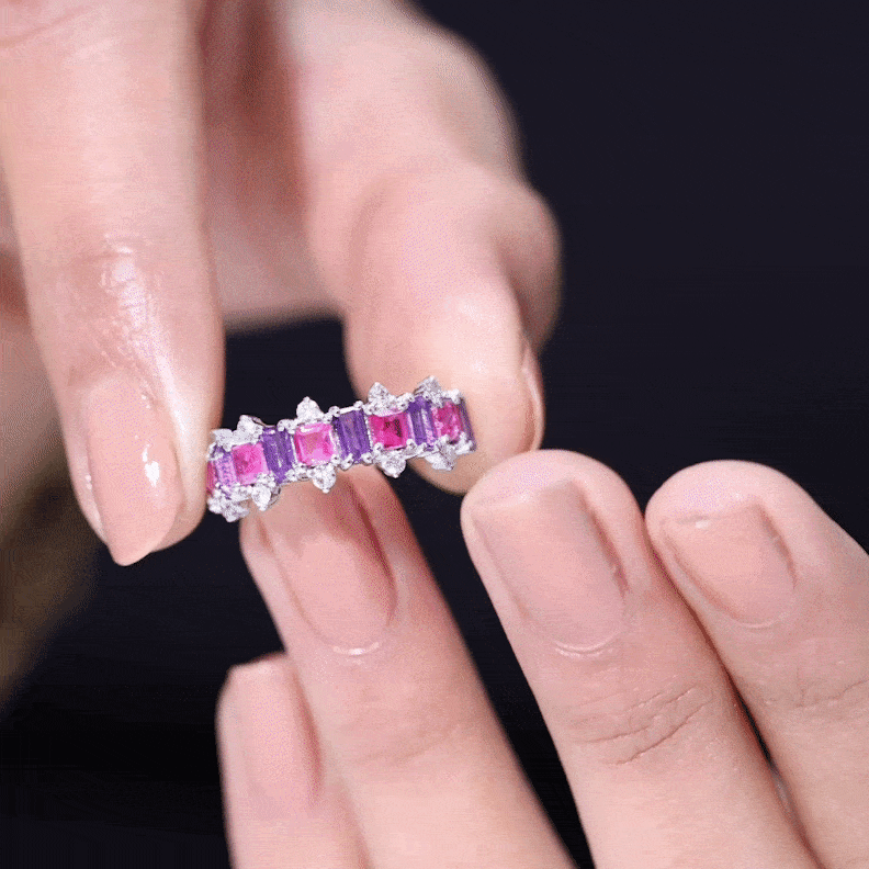 Elegant Amethyst and Created Pink Sapphire Half Eternity Band Ring with Diamond Lab Created Pink Sapphire - ( AAAA ) - Quality - Rosec Jewels