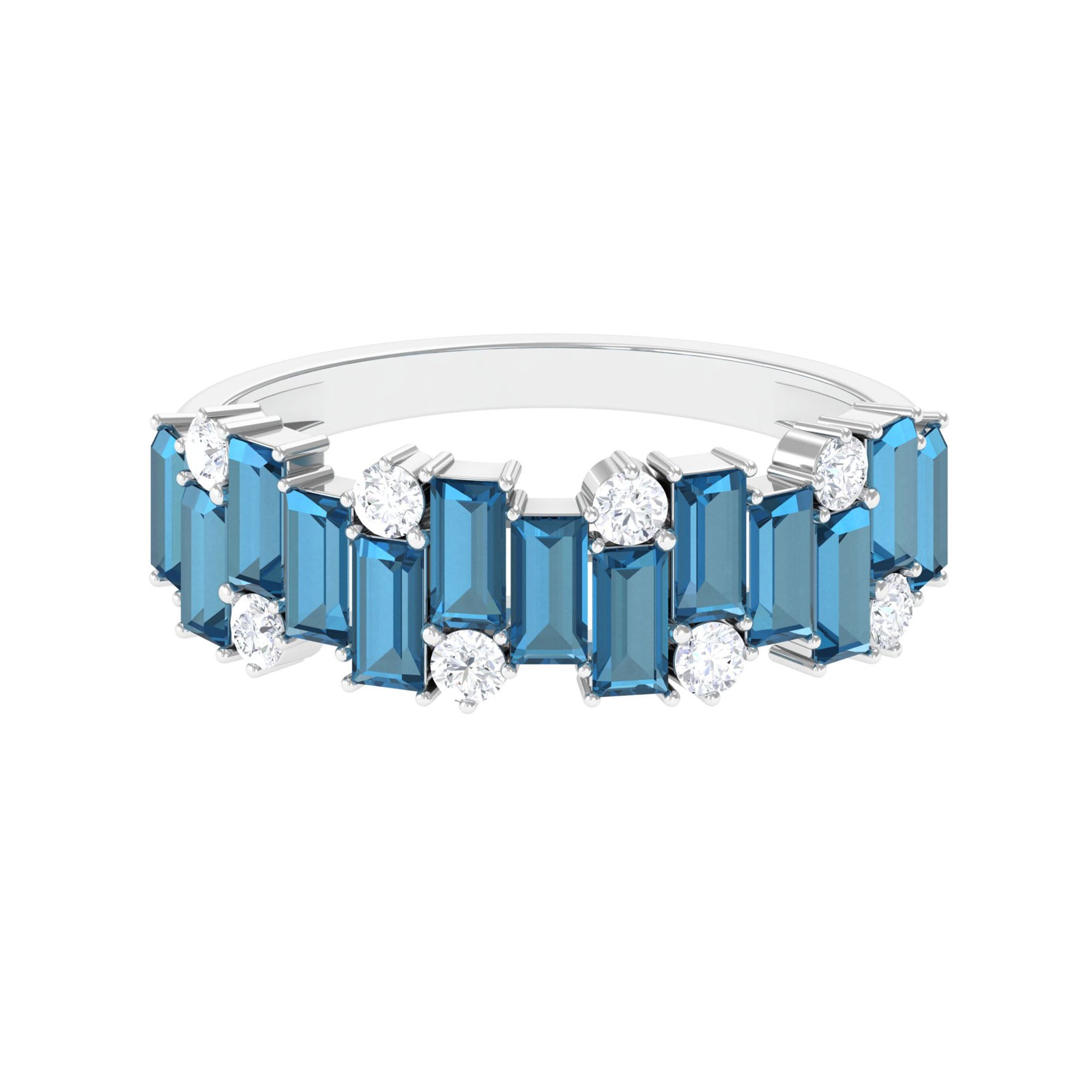 Baguette London Blue Topaz Uneven Eternity Ring with Moissanite