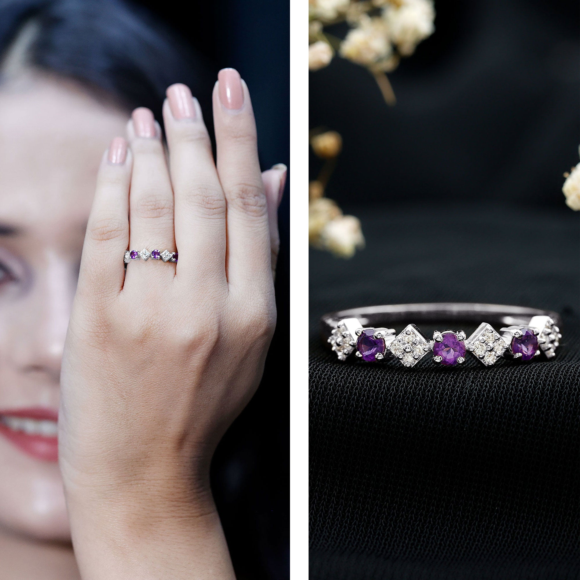 Rosec Jewels-Real Amethyst Half Eternity Ring with Diamond for Women
