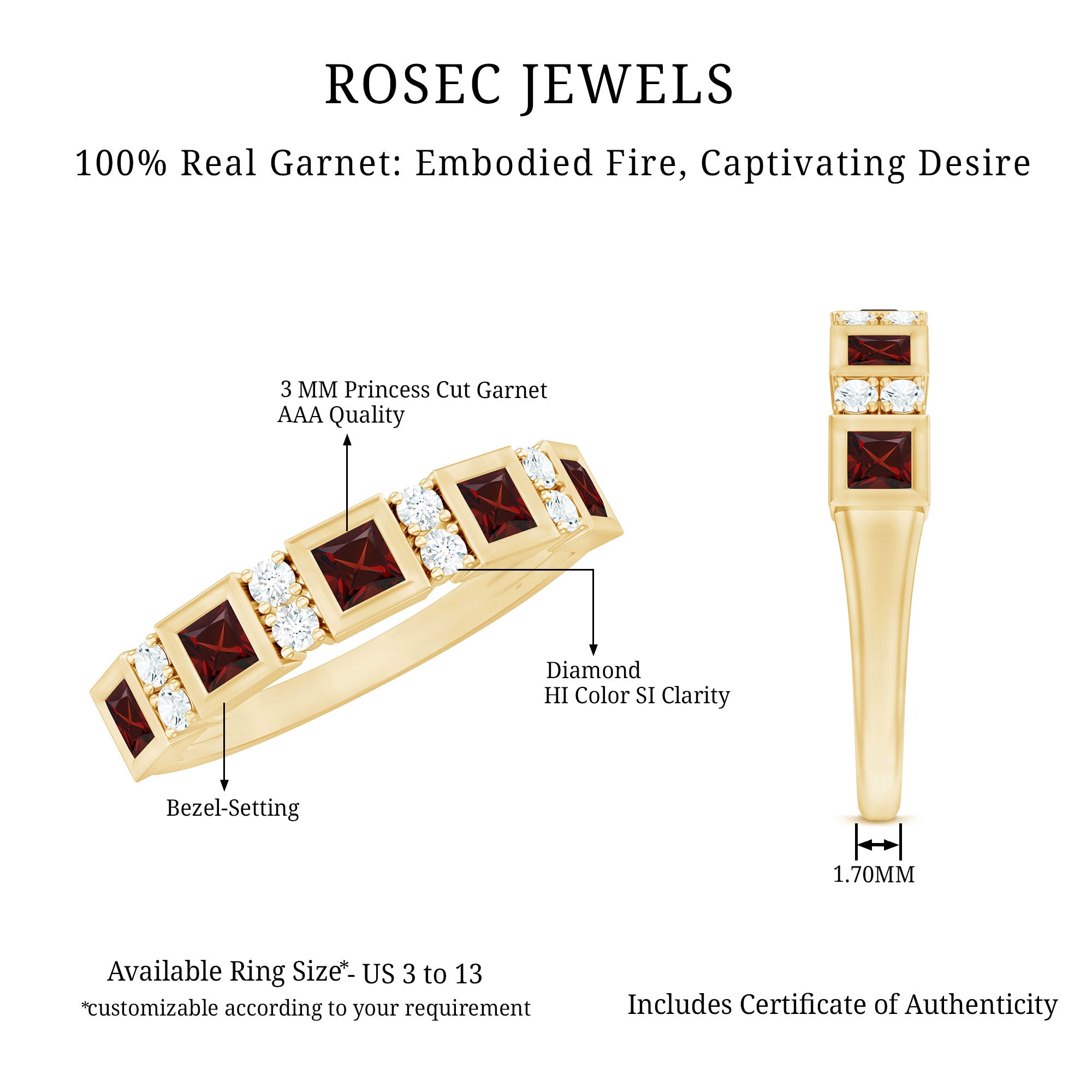 Certified Natural Garnet Diamond Half Eternity Anniversary Ring AAA - Rosec Jewels