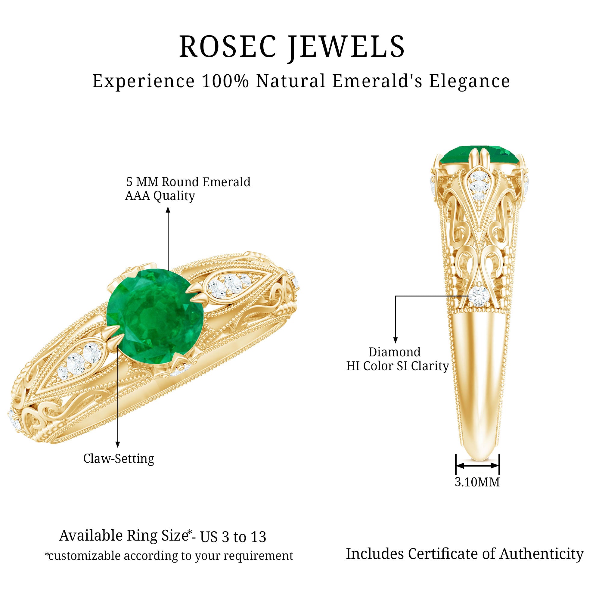 Rosec Jewels-Natural Emerald Diamond Antique Looking Engagement Ring