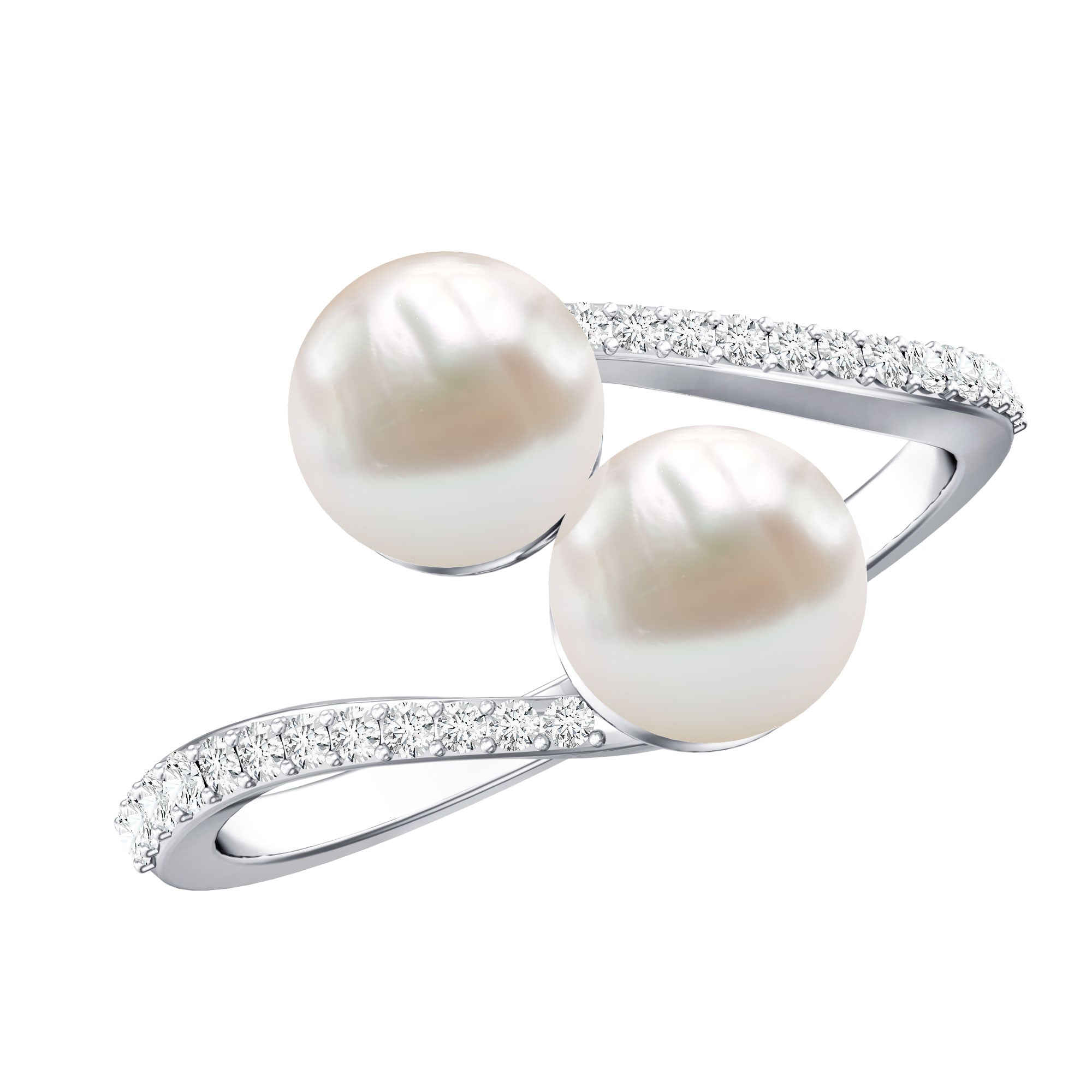 Rosec Jewels-Natural Freshwater Pearl 2 Stone Engagement Ring with Diamond