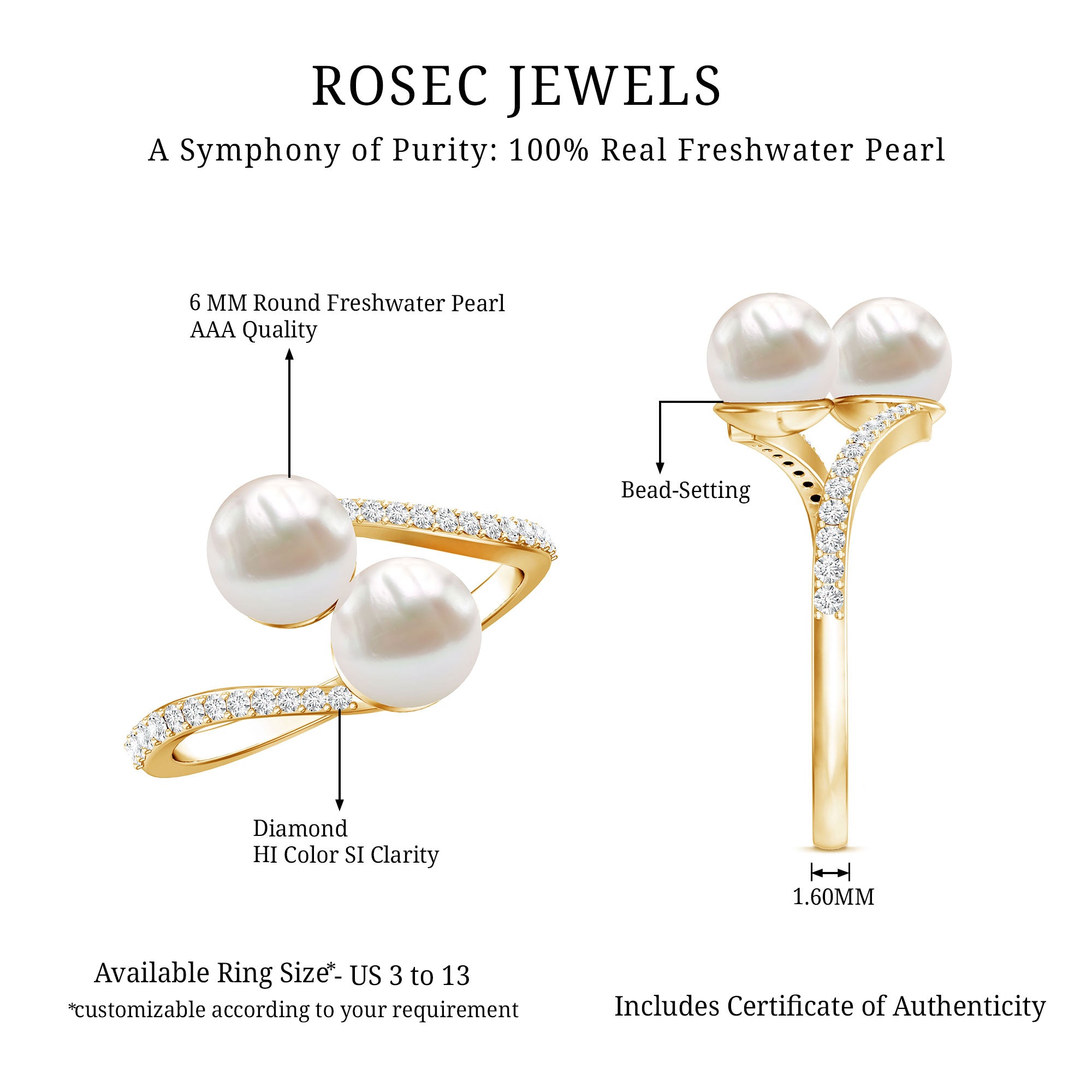 Rosec Jewels-Natural Freshwater Pearl 2 Stone Engagement Ring with Diamond