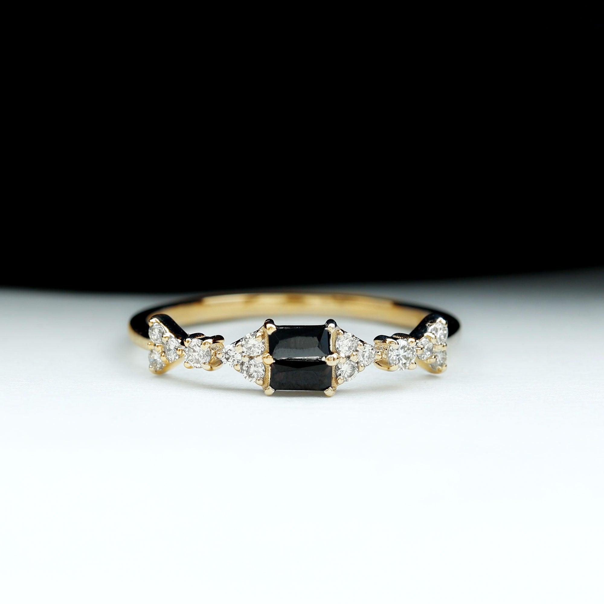 Contemporary Black Onyx and Diamond Half Eternity Band Ring Black Onyx - ( AAA ) - Quality - Rosec Jewels