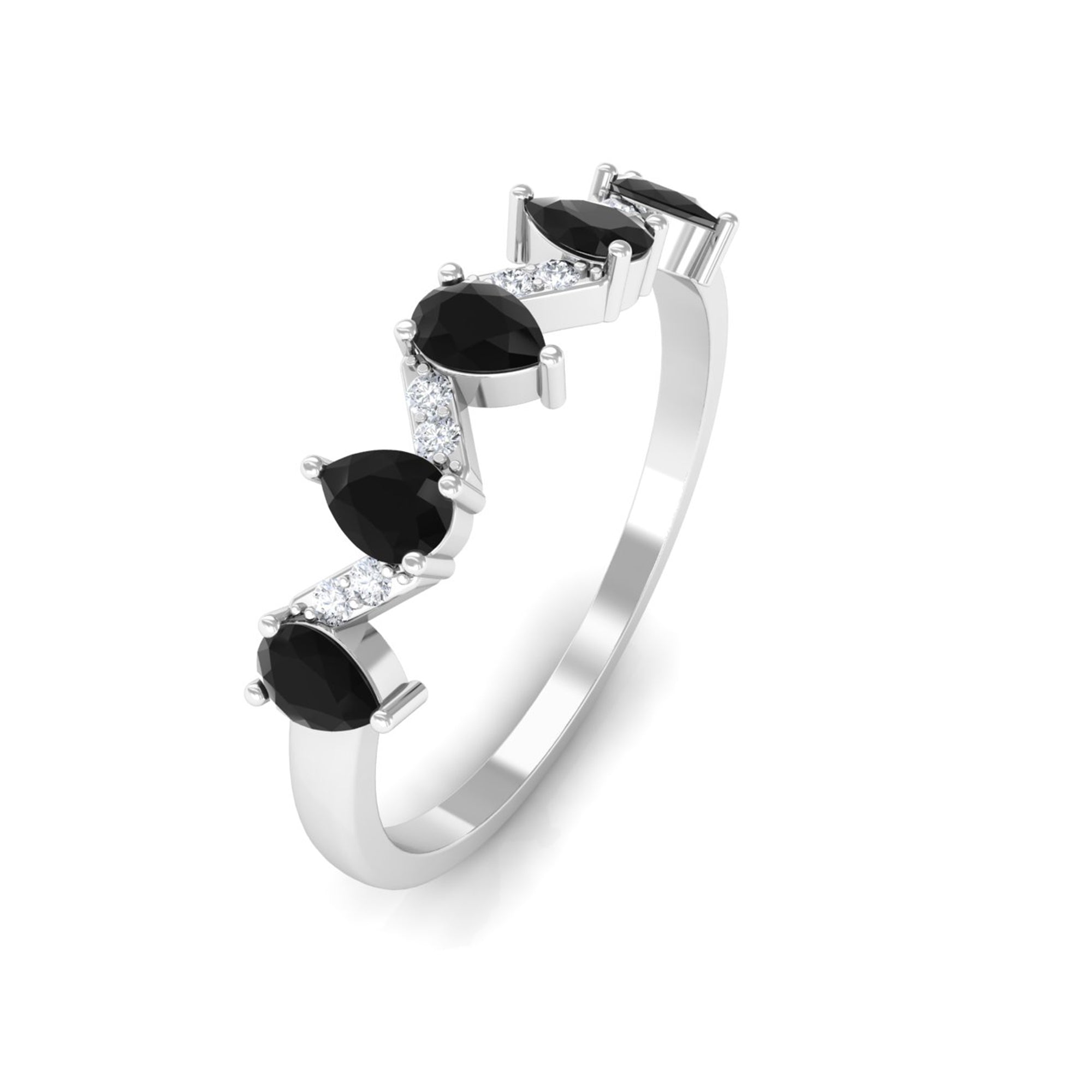 Pear Black Onyx Half Eternity Band Ring with Diamond Black Onyx - ( AAA ) - Quality - Rosec Jewels