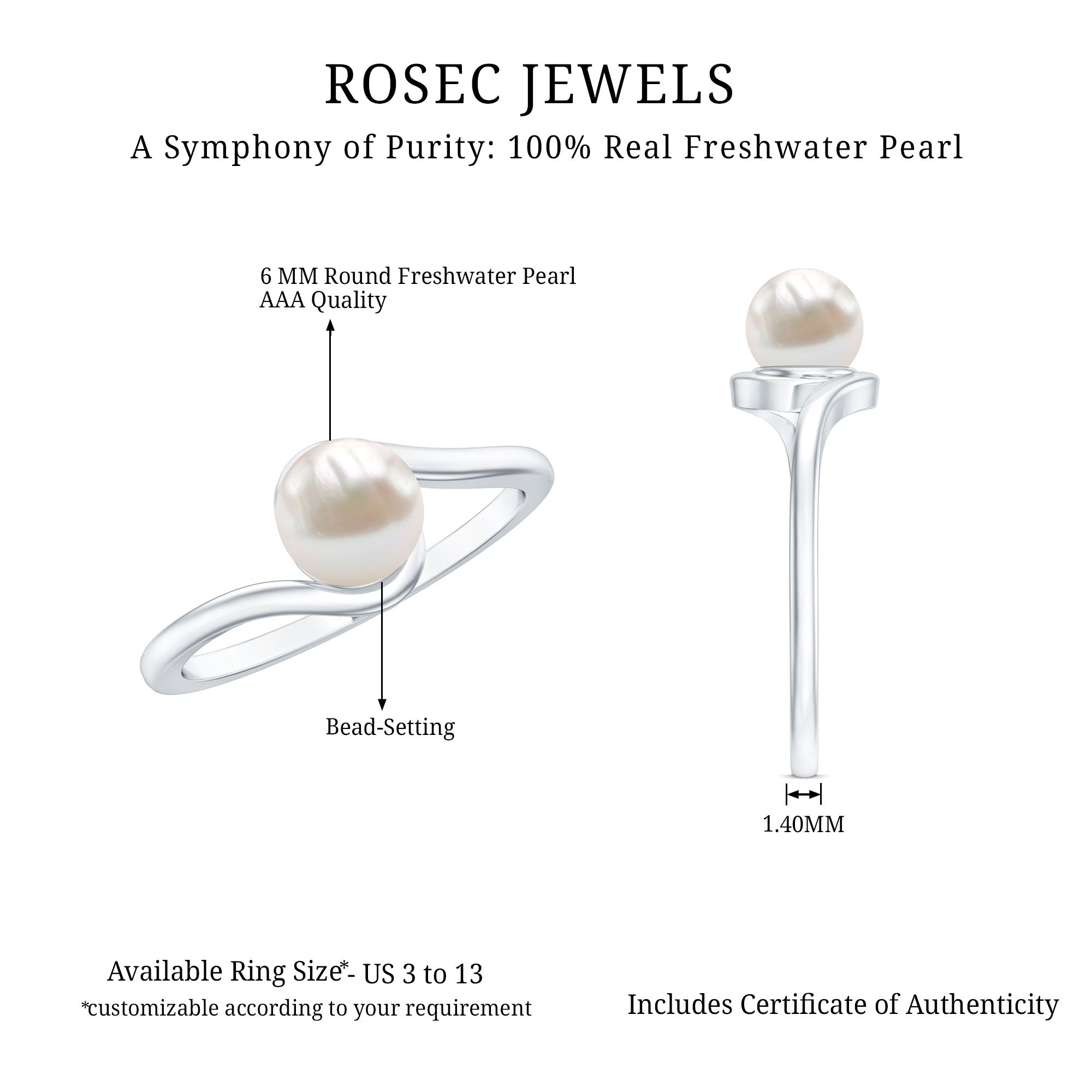 2 Carat Solitaire Freshwater White Pearl Bypass Engagement Ring for Women AAA - Rosec Jewels