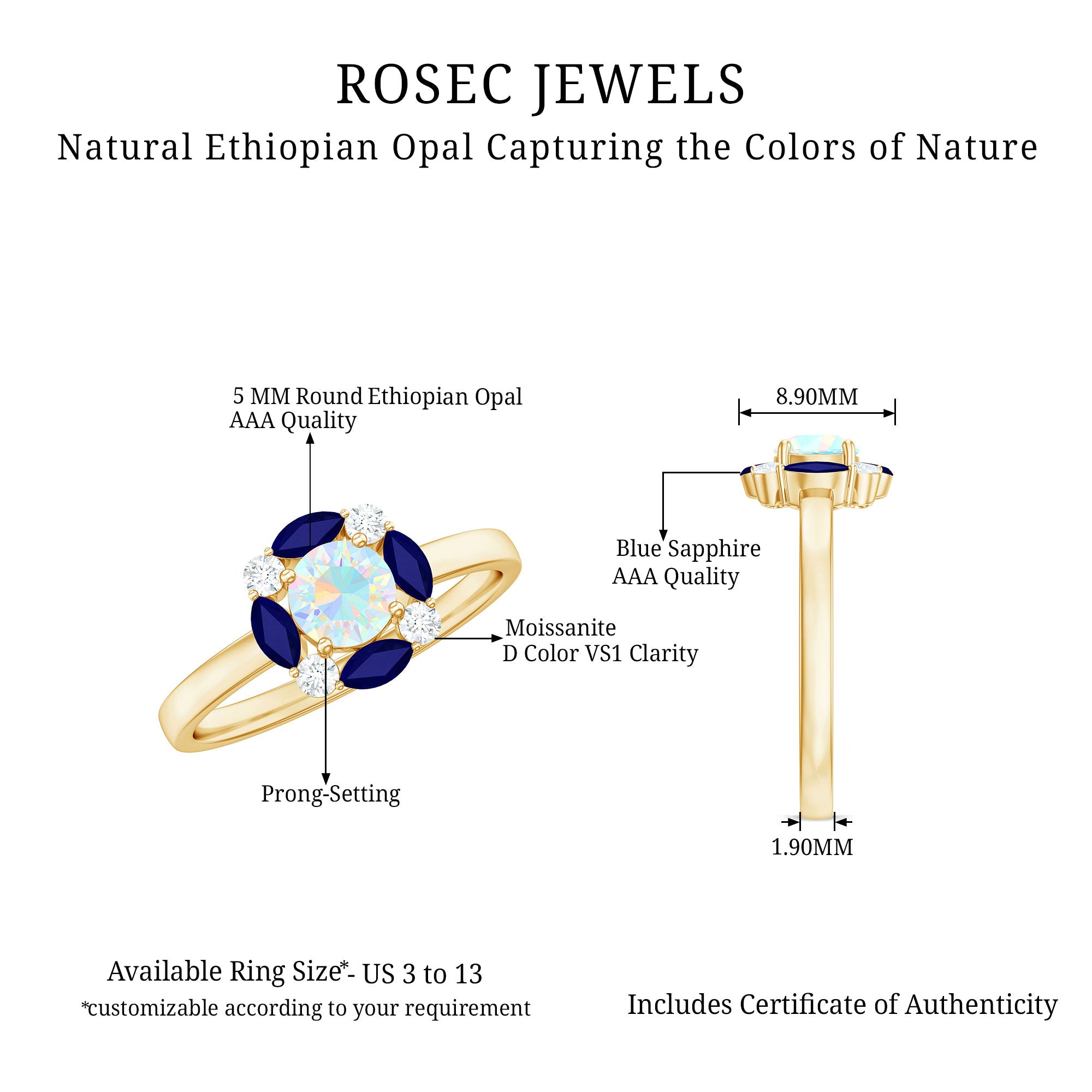 Ethiopian Opal Engagement Ring with Blue Sapphire and Moissanite Ethiopian Opal - ( AAA ) - Quality - Rosec Jewels