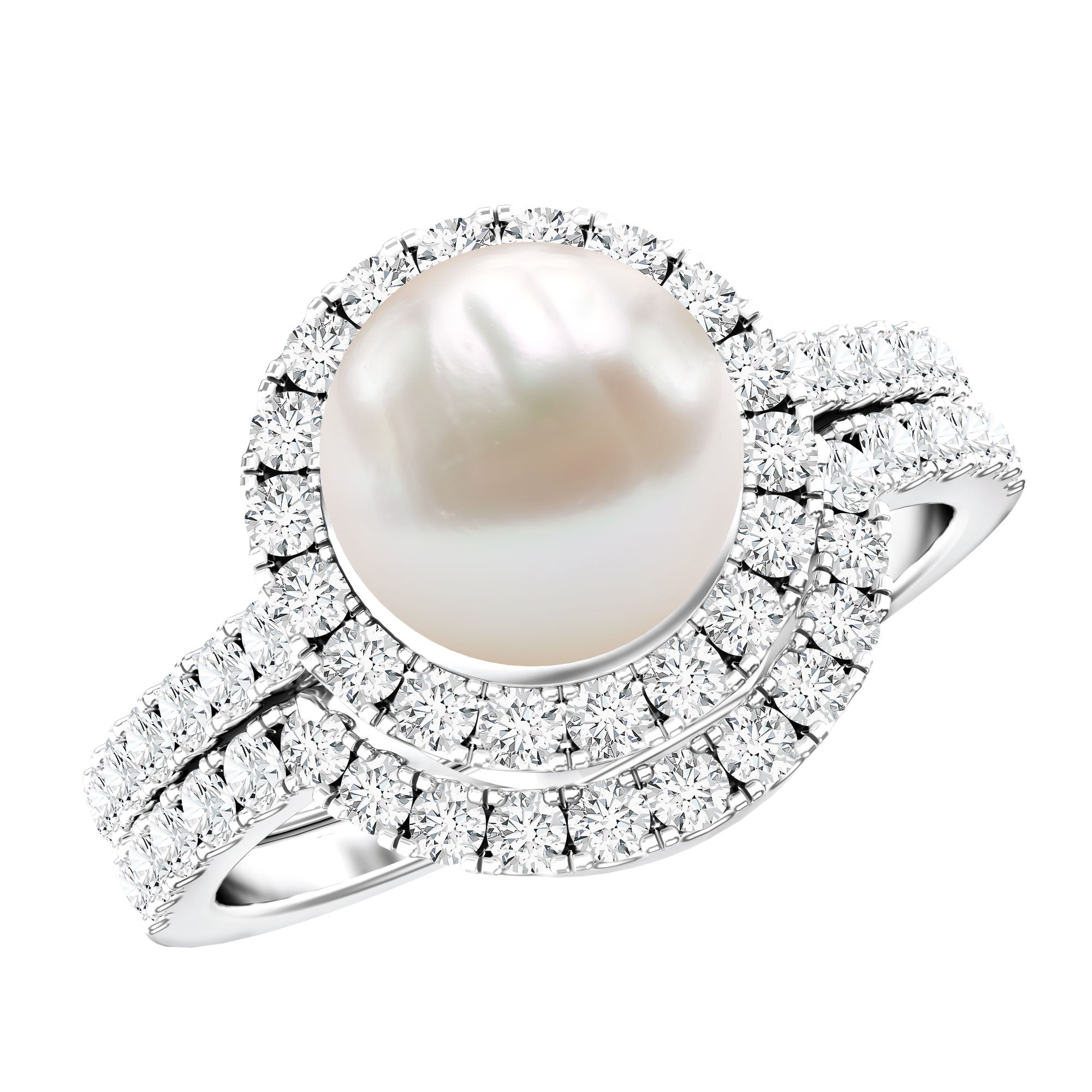 Rosec Jewels-Cultured 7 mm Freshwater Pearl Engagement Ring with Diamond Wedding Band