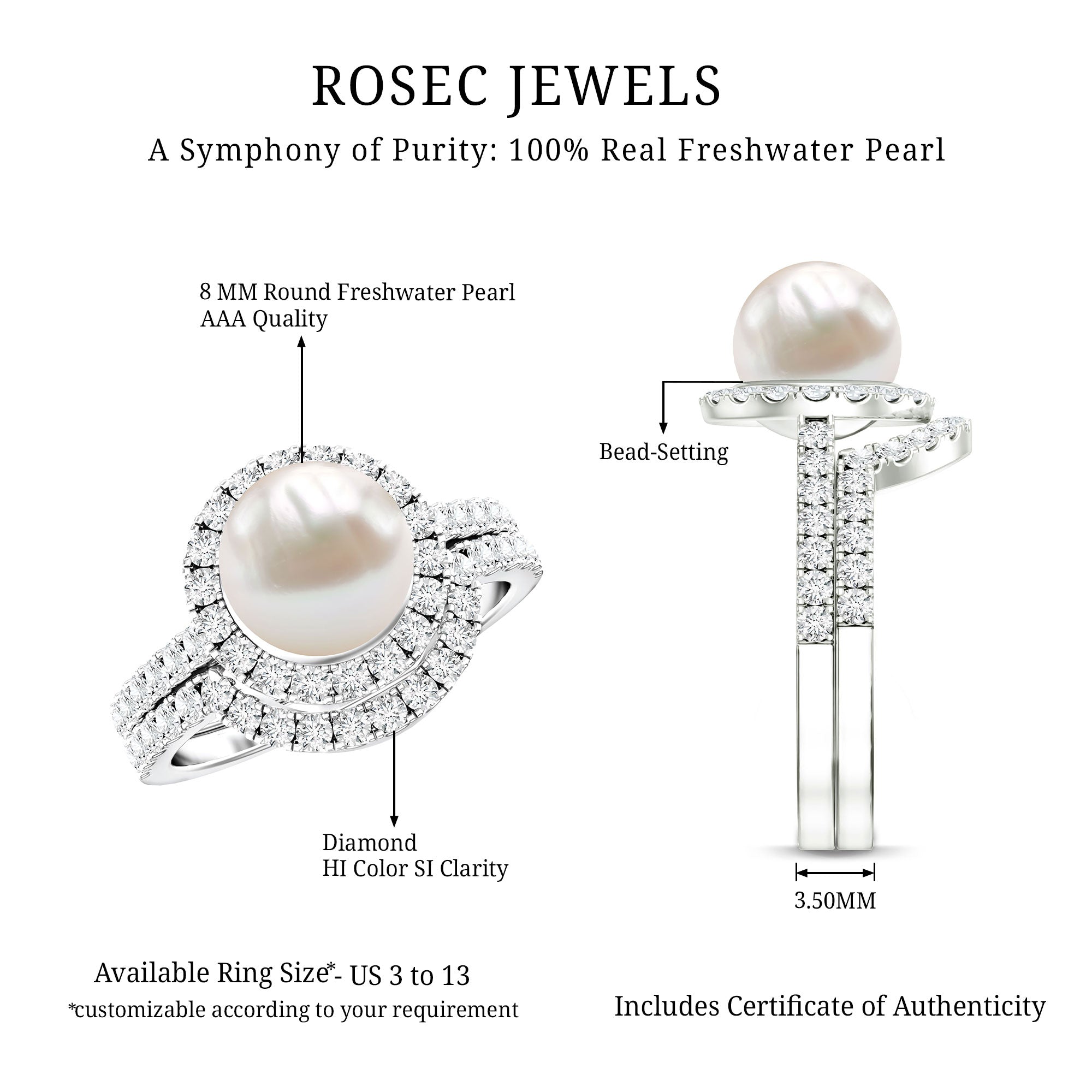 Rosec Jewels-Cultured 7 mm Freshwater Pearl Engagement Ring with Diamond Wedding Band