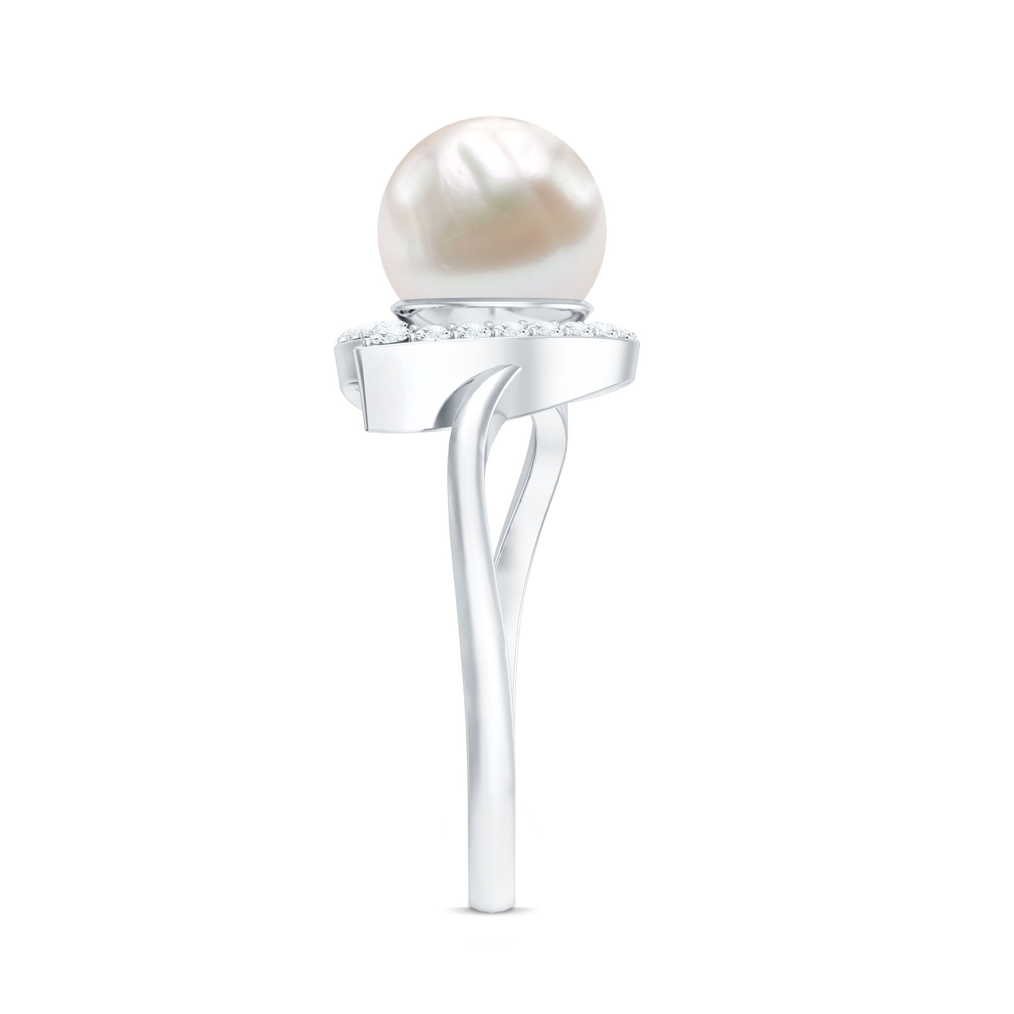 Rosec Jewels-Cultured Freshwater Pearl Promise Ring with Diamond Leaf