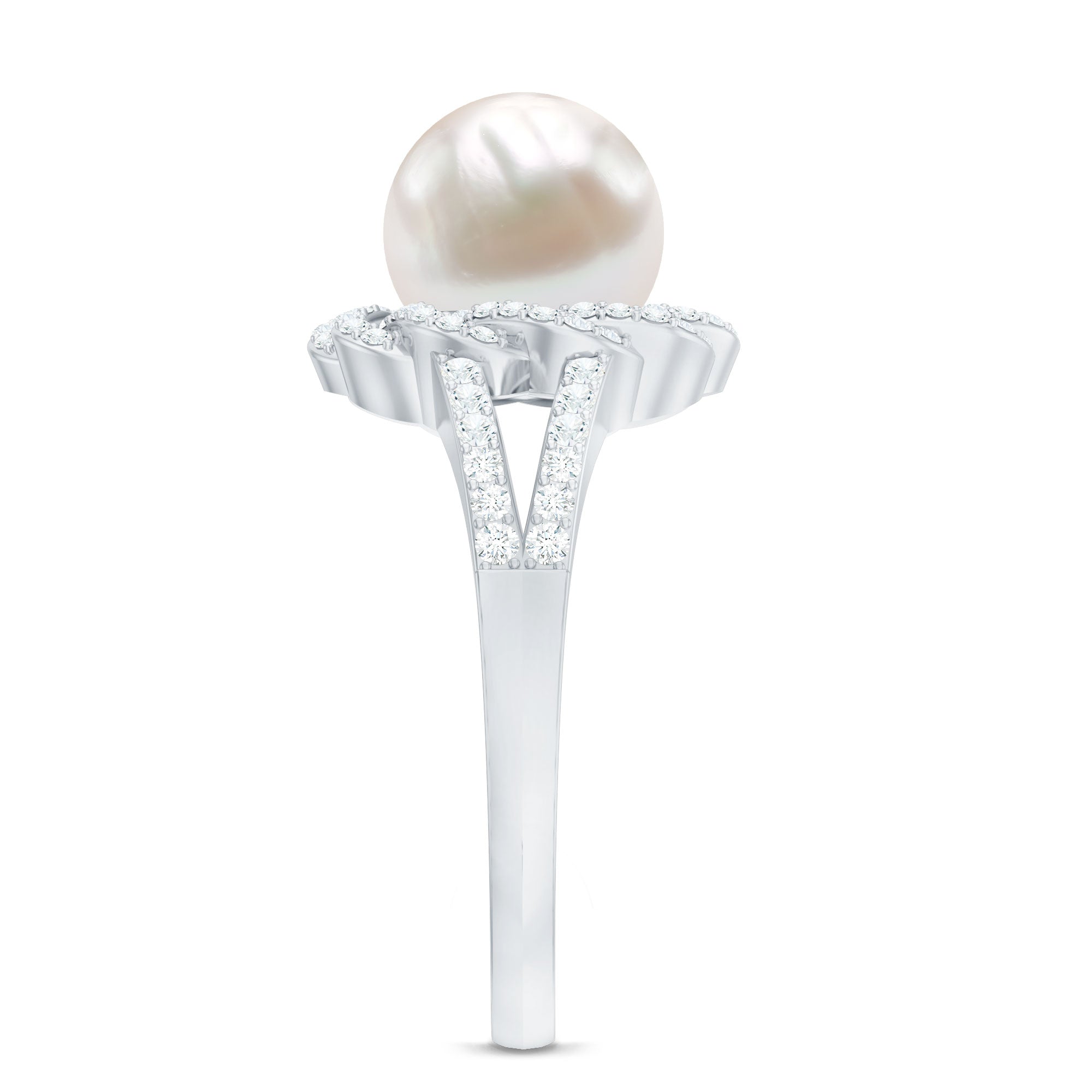 Rosec Jewels-Split Shank Freshwater Pearl and Diamond Braided Statement Ring