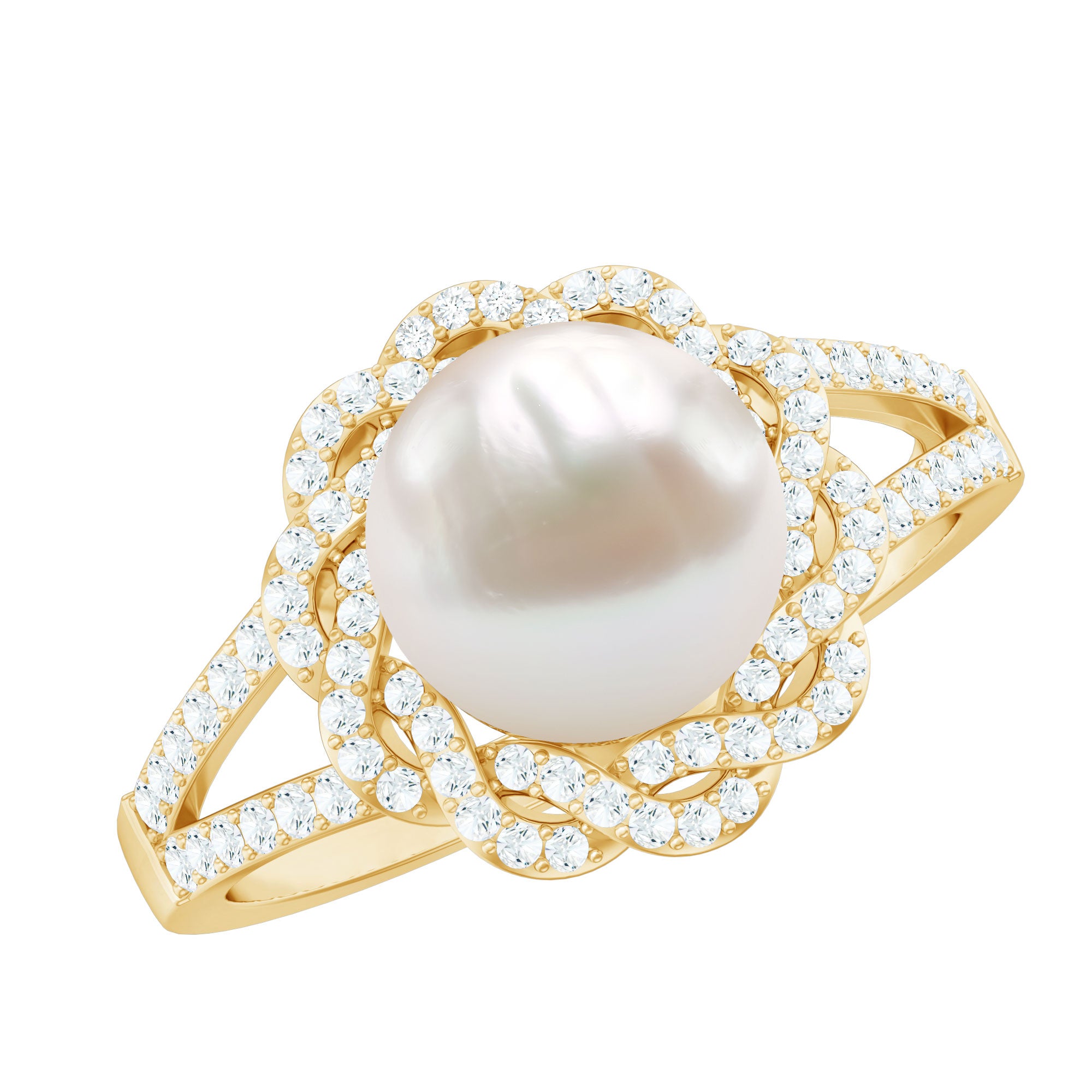 Rosec Jewels-Split Shank Freshwater Pearl and Diamond Braided Statement Ring