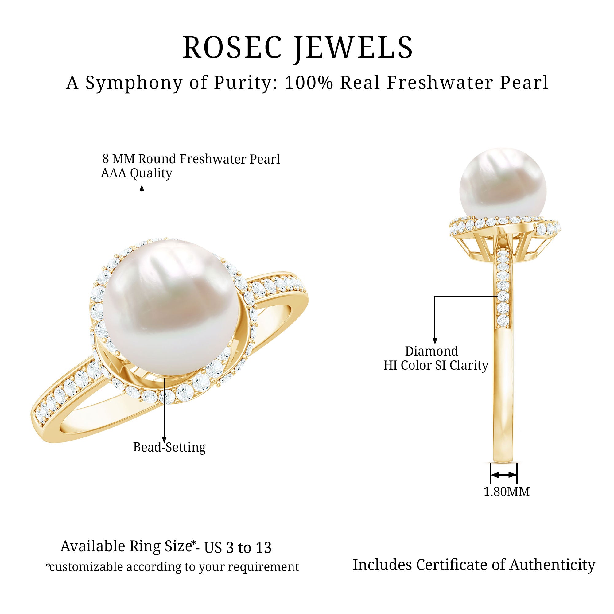 Rosec Jewels-Designer 7.4 Carat Freshwater Pearl Engagement Ring with Diamond