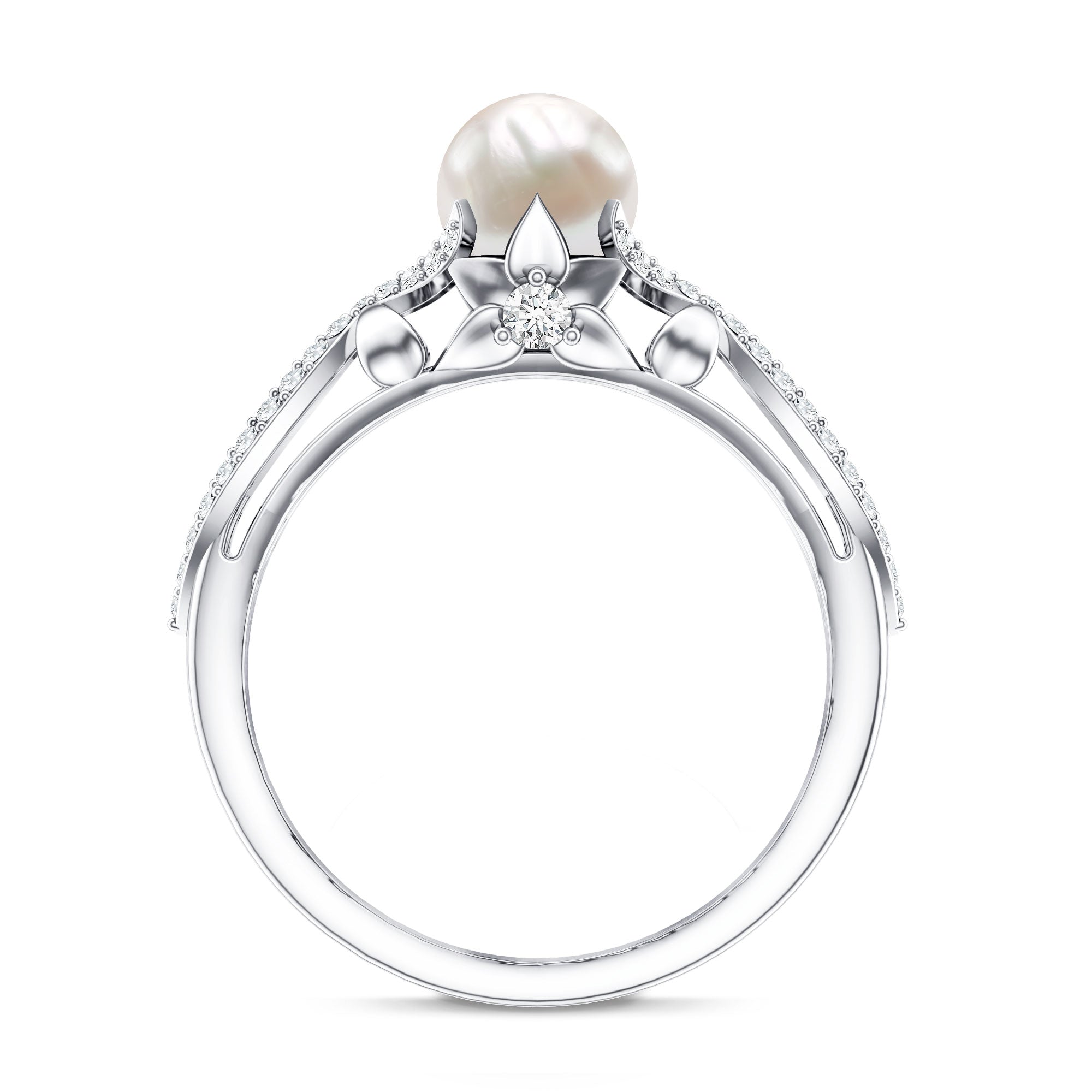 Cultured 2 Carat Freshwater Pearl Solitaire Engagement Ring with Diamond Crossover Shank AAA - Rosec Jewels