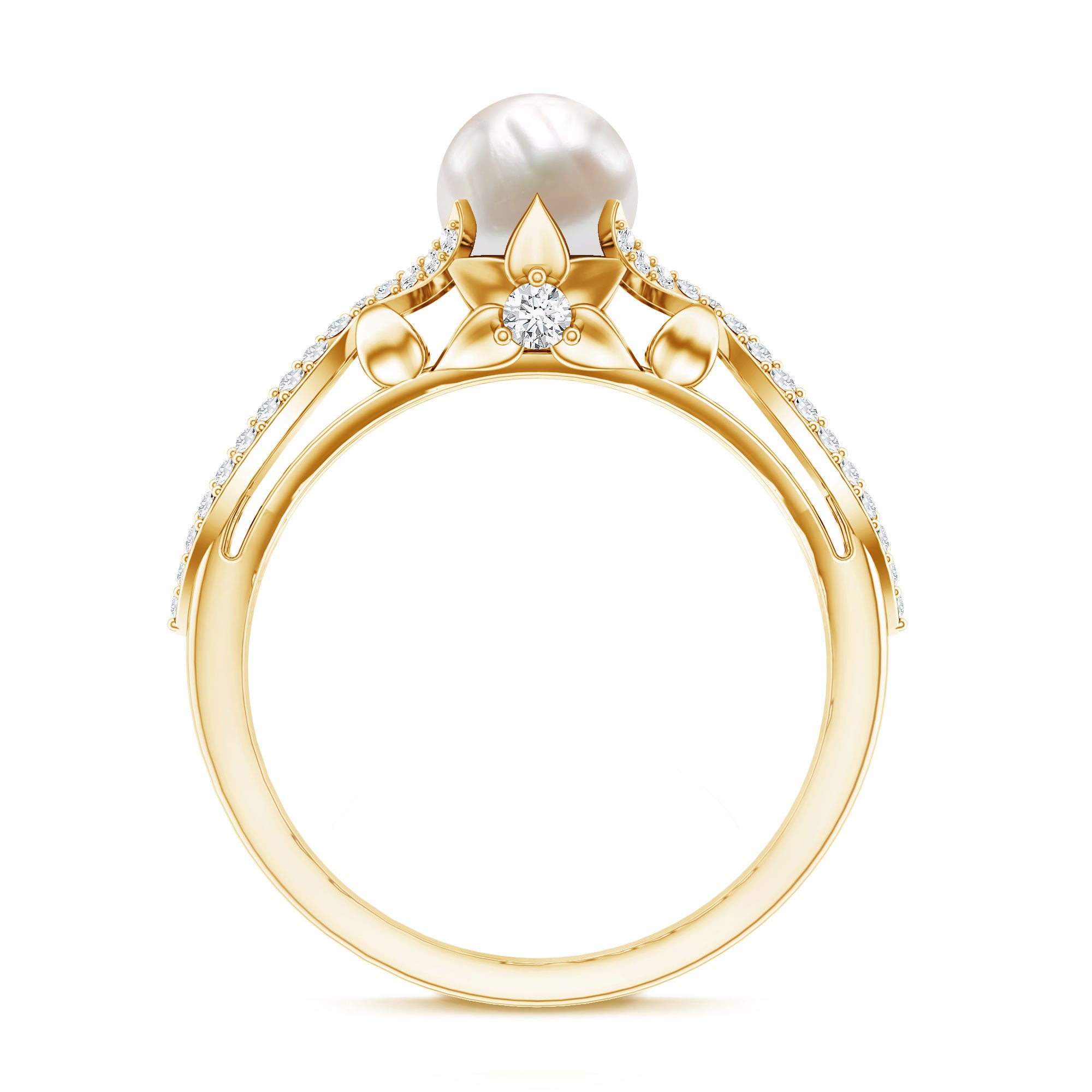 Cultured 2 Carat Freshwater Pearl Solitaire Engagement Ring with Diamond Crossover Shank AAA - Rosec Jewels