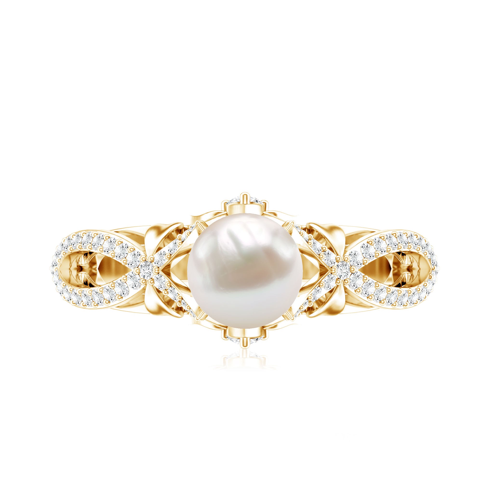 Cultured 2 Carat Freshwater Pearl Solitaire Engagement Ring with Diamond Crossover Shank AAA - Rosec Jewels