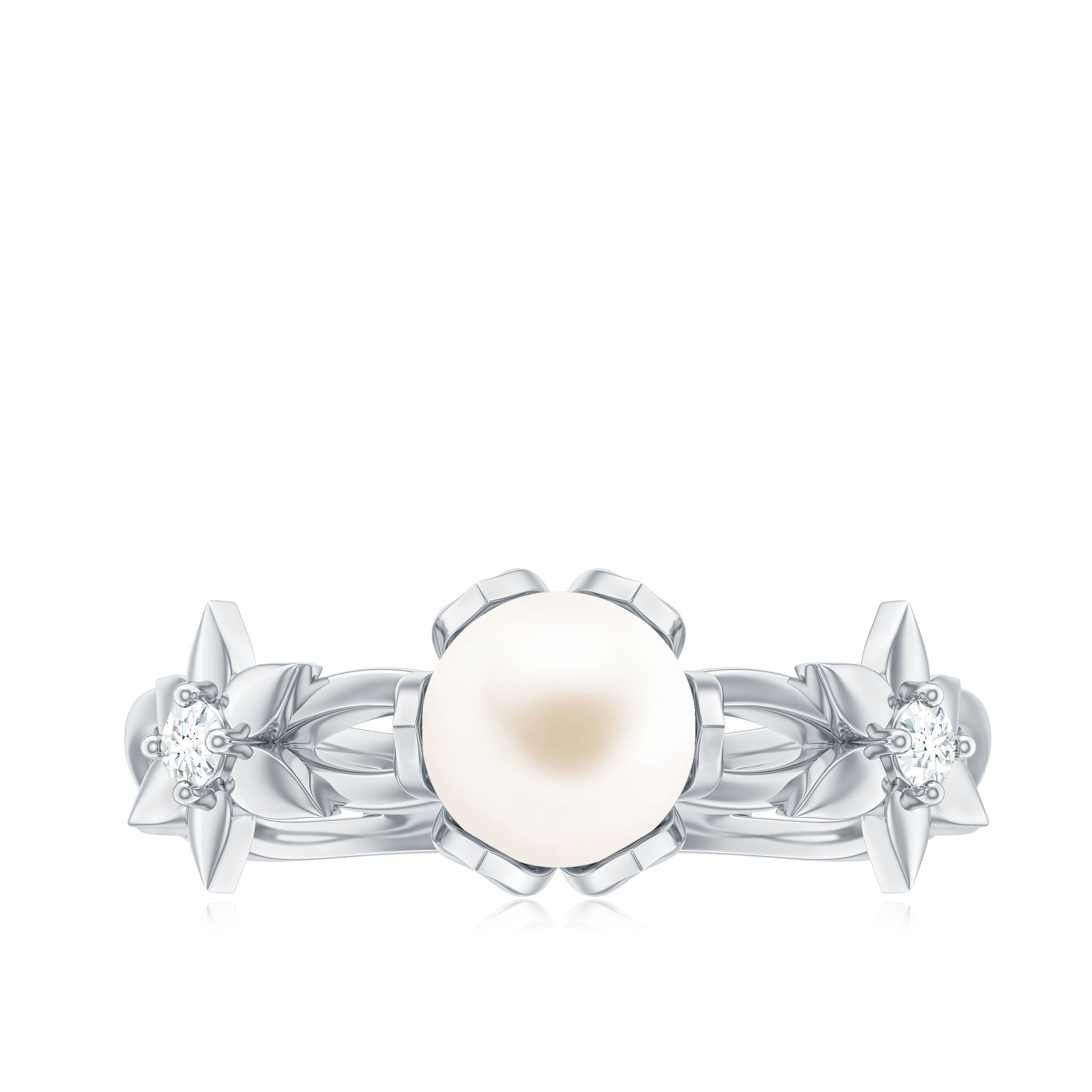 2 Carat Freshwater Pearl Flower Engagement Ring with Diamond AAA - Rosec Jewels