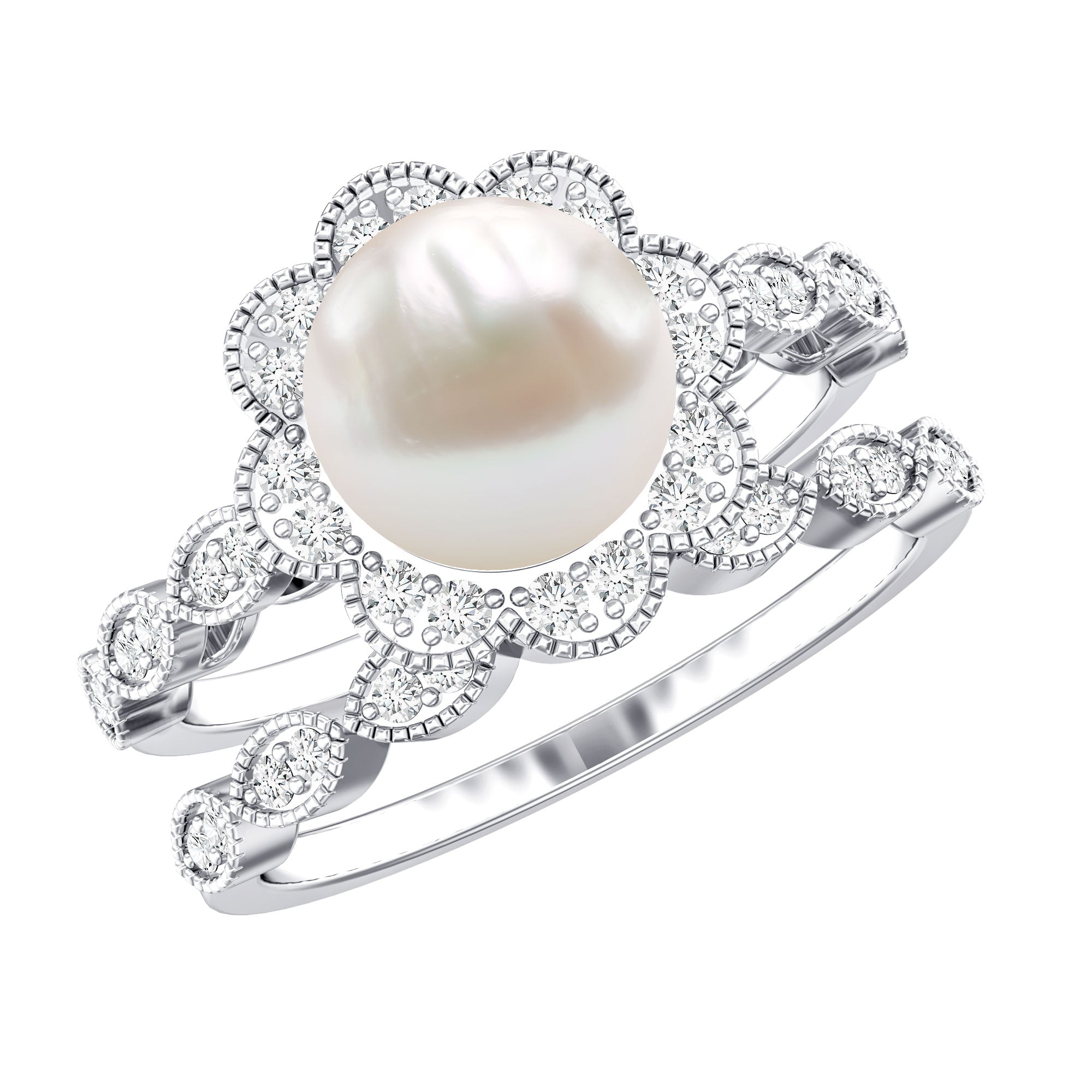 Freshwater Pearl and Diamond Wedding Ring Set AAA - Rosec Jewels