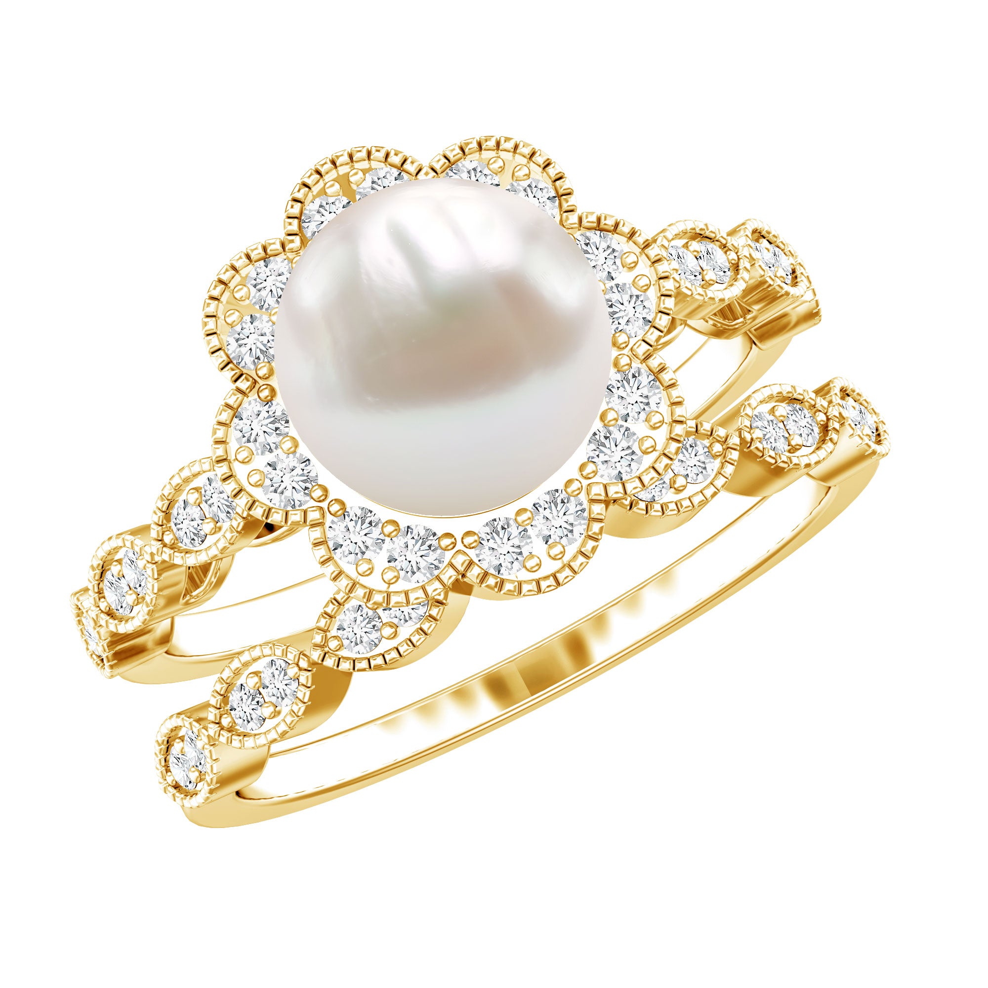 Freshwater Pearl and Diamond Wedding Ring Set AAA - Rosec Jewels