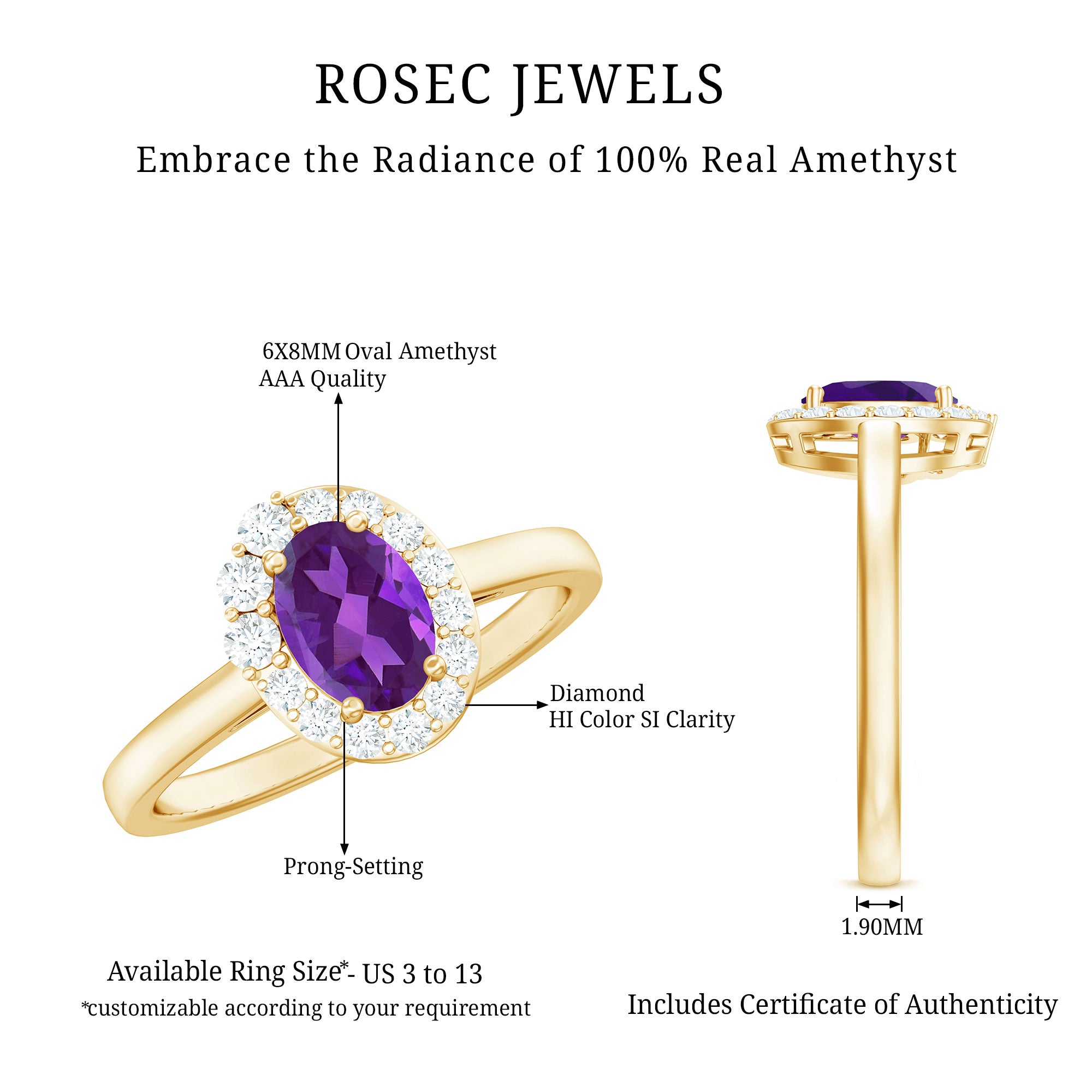 1 Carat Amethyst Designer Engagement Ring with Diamond for Women AAA - Rosec Jewels