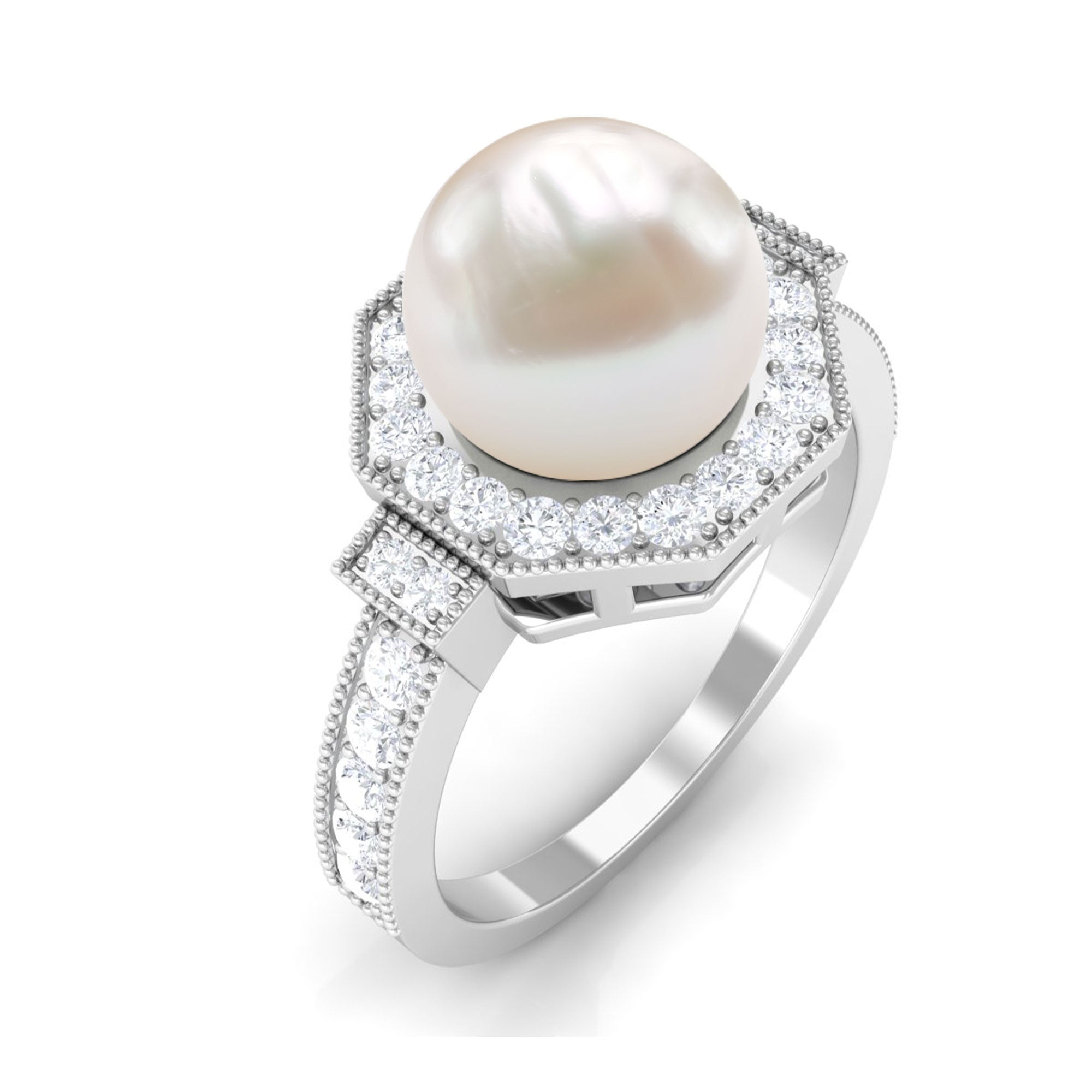 Art Deco Inspired 2 Carat Freshwater Pearl Engagement Ring with Diamond Halo AAA - Rosec Jewels