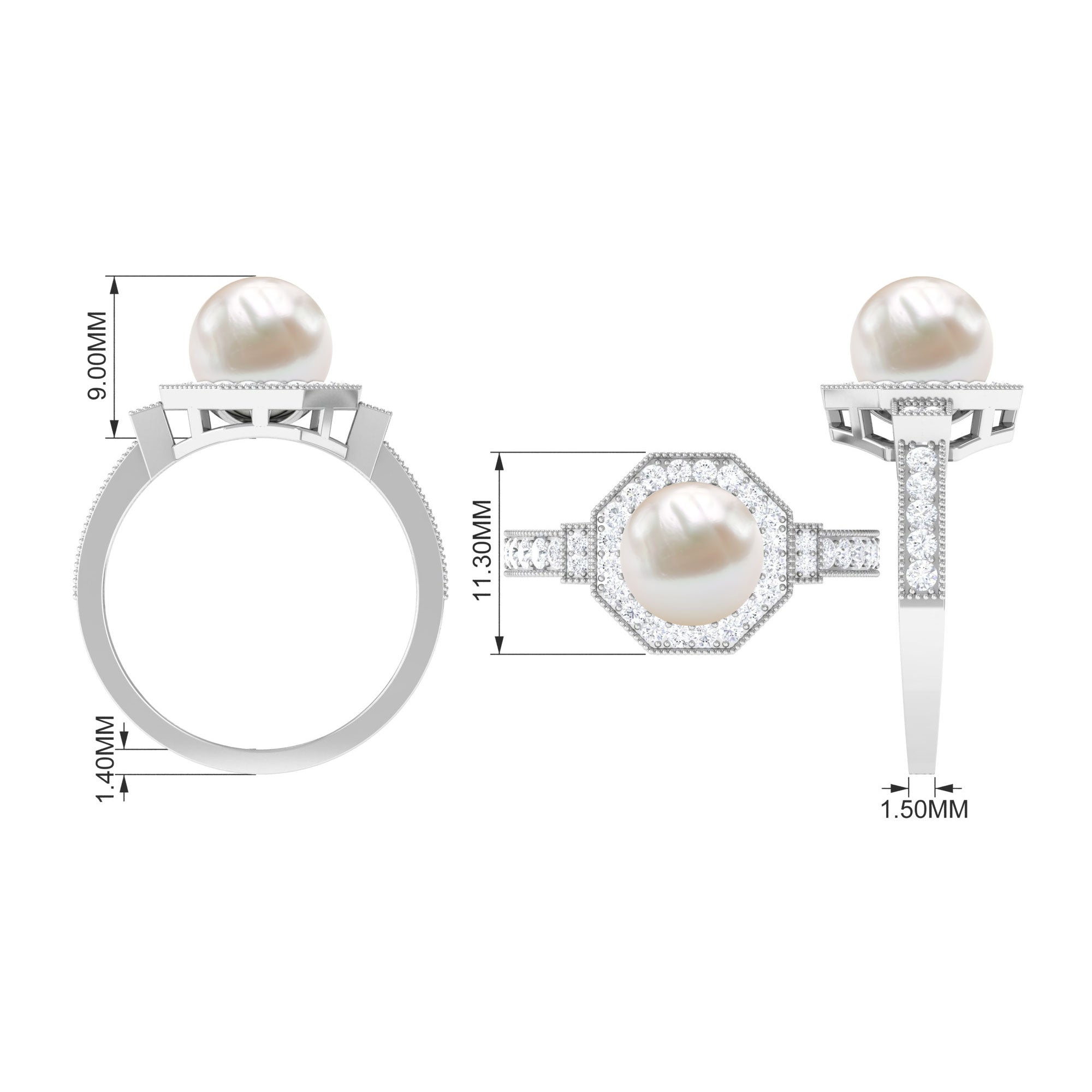 Art Deco Inspired 2 Carat Freshwater Pearl Engagement Ring with Diamond Halo AAA - Rosec Jewels