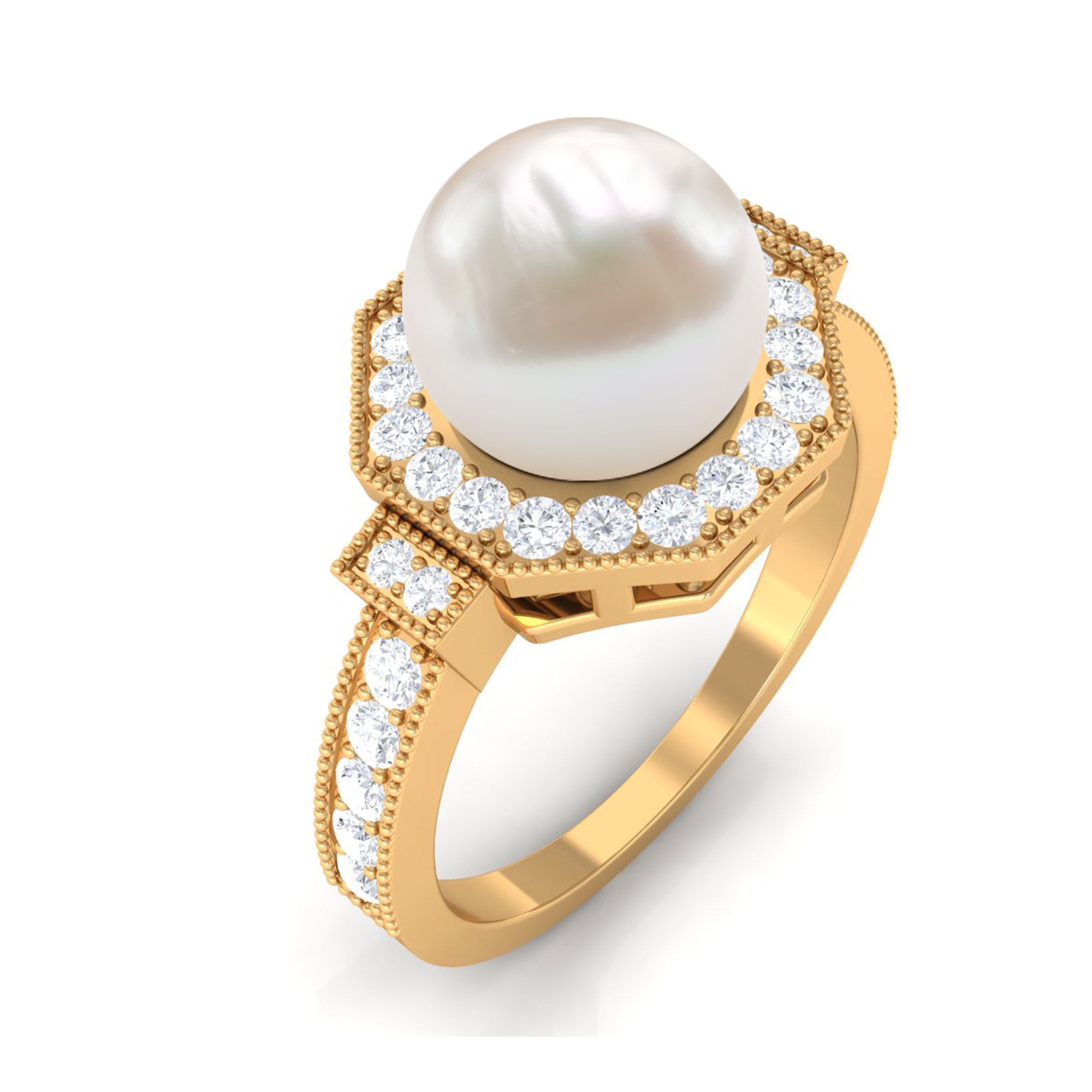 Art Deco Inspired 2 Carat Freshwater Pearl Engagement Ring with Diamond Halo AAA - Rosec Jewels