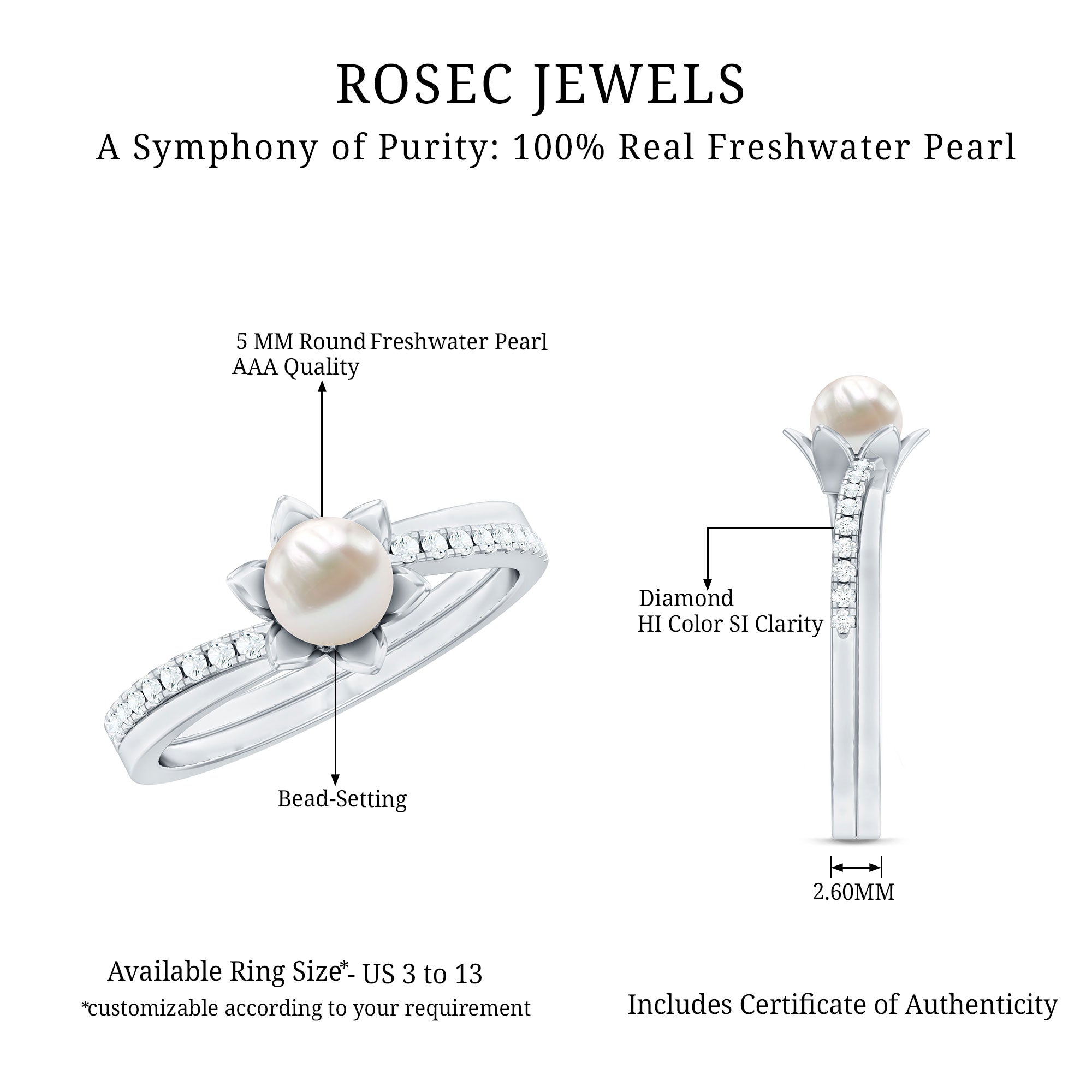 2 Carat Freshwater Pearl and Diamond Flower Engagement Ring AAA - Rosec Jewels