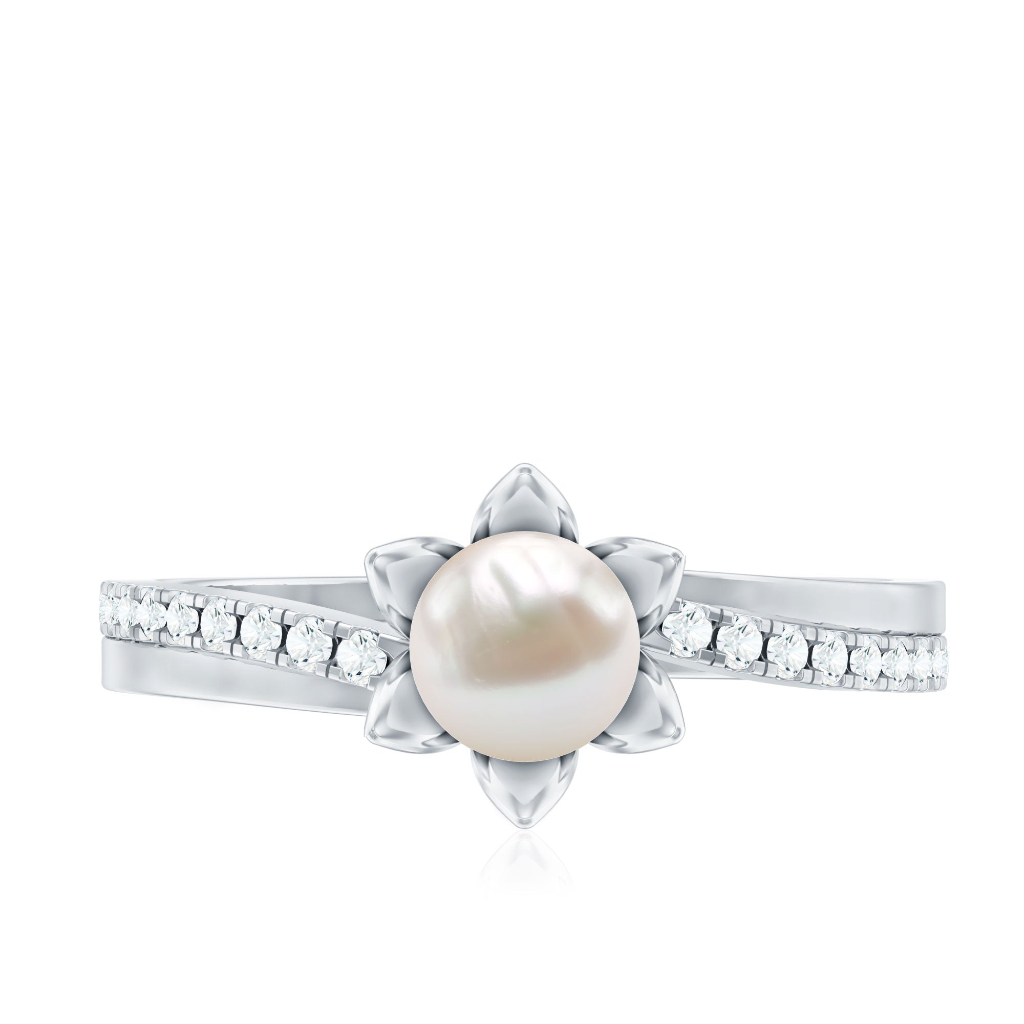 2 Carat Freshwater Pearl and Diamond Flower Engagement Ring AAA - Rosec Jewels
