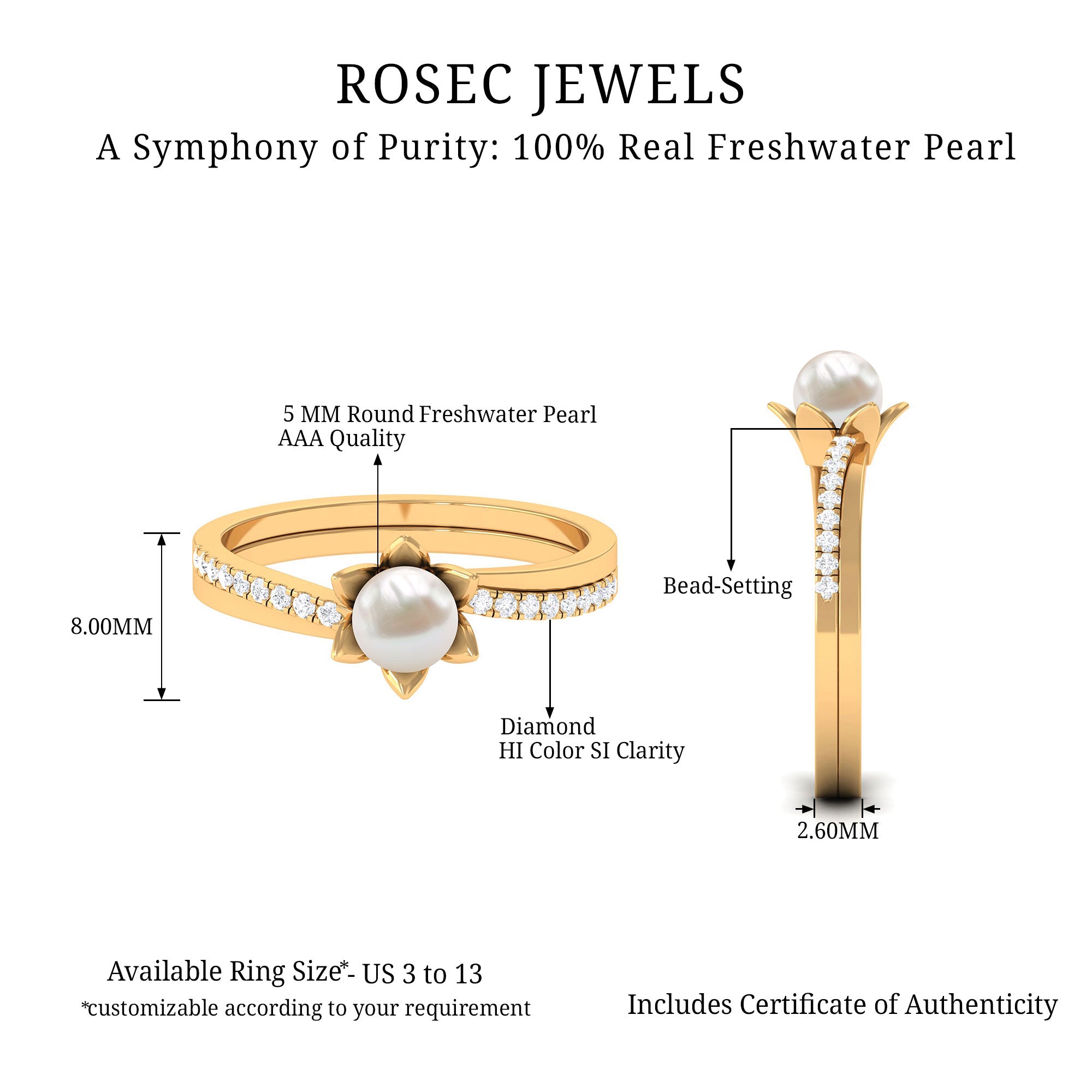 2.25 CT Floral Freshwater Pearl Bypass and Diamond Engagement Ring in Gold Freshwater Pearl - ( AAA ) - Quality - Rosec Jewels