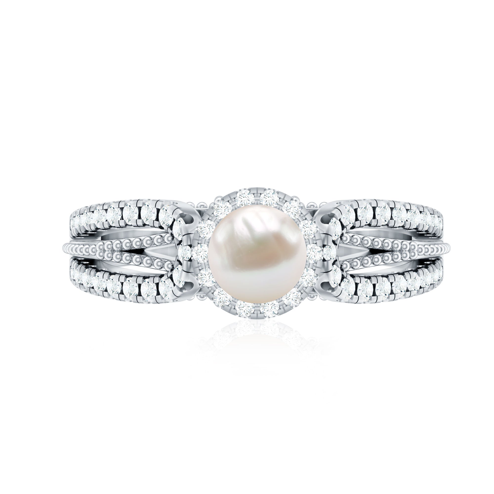 Rosec Jewels-2.50 CT Freshwater Pearl and Diamond Engagement Ring with Beaded Gold