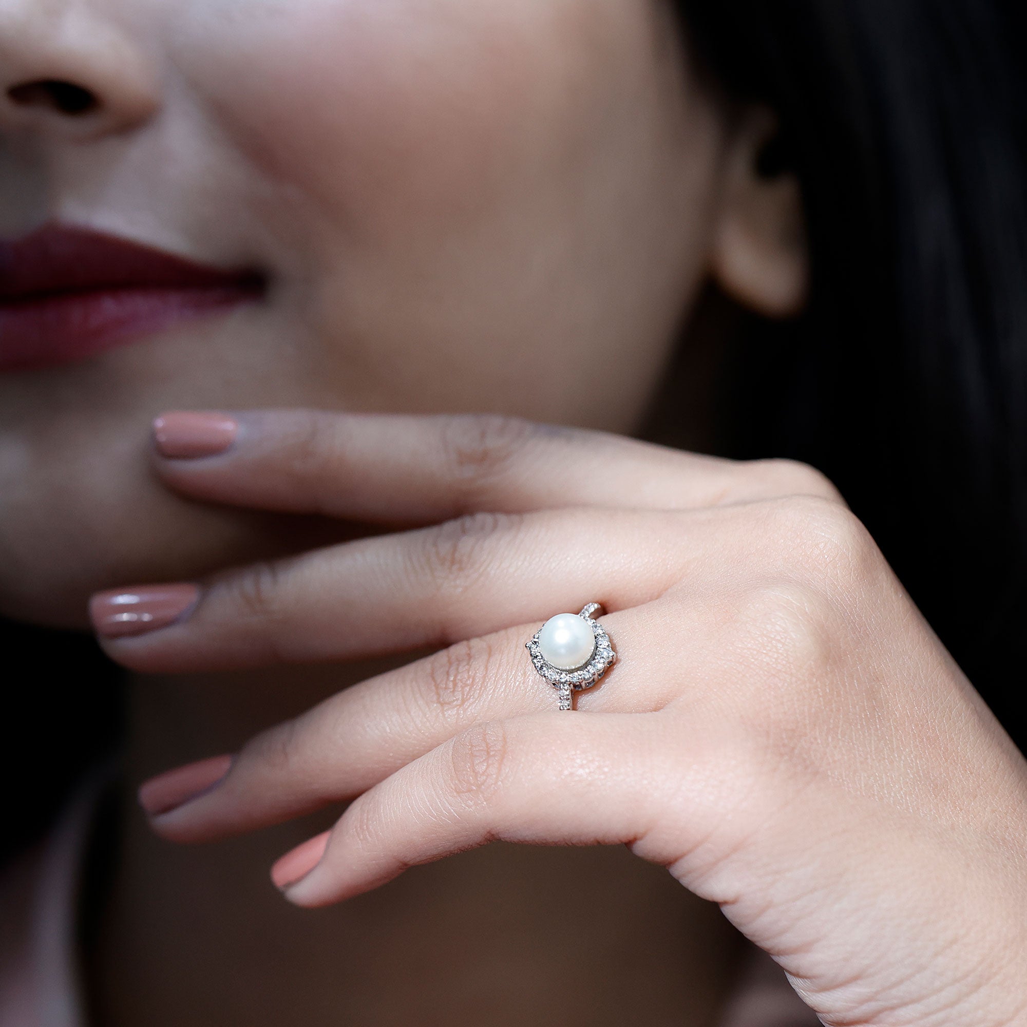Rosec Jewels-Freshwater Pearl and Diamond Halo Engagement Ring