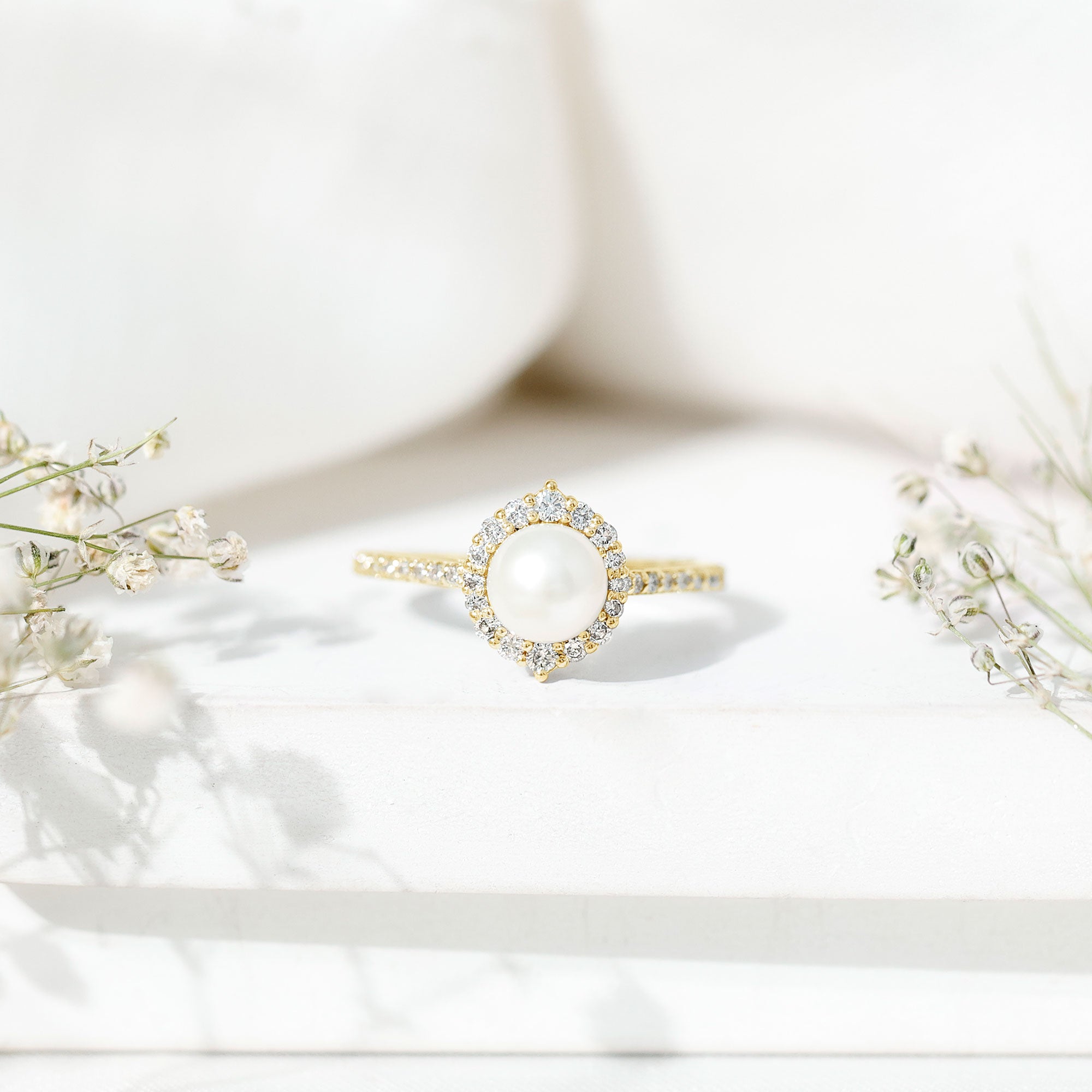 Rosec Jewels-Freshwater Pearl and Diamond Halo Engagement Ring
