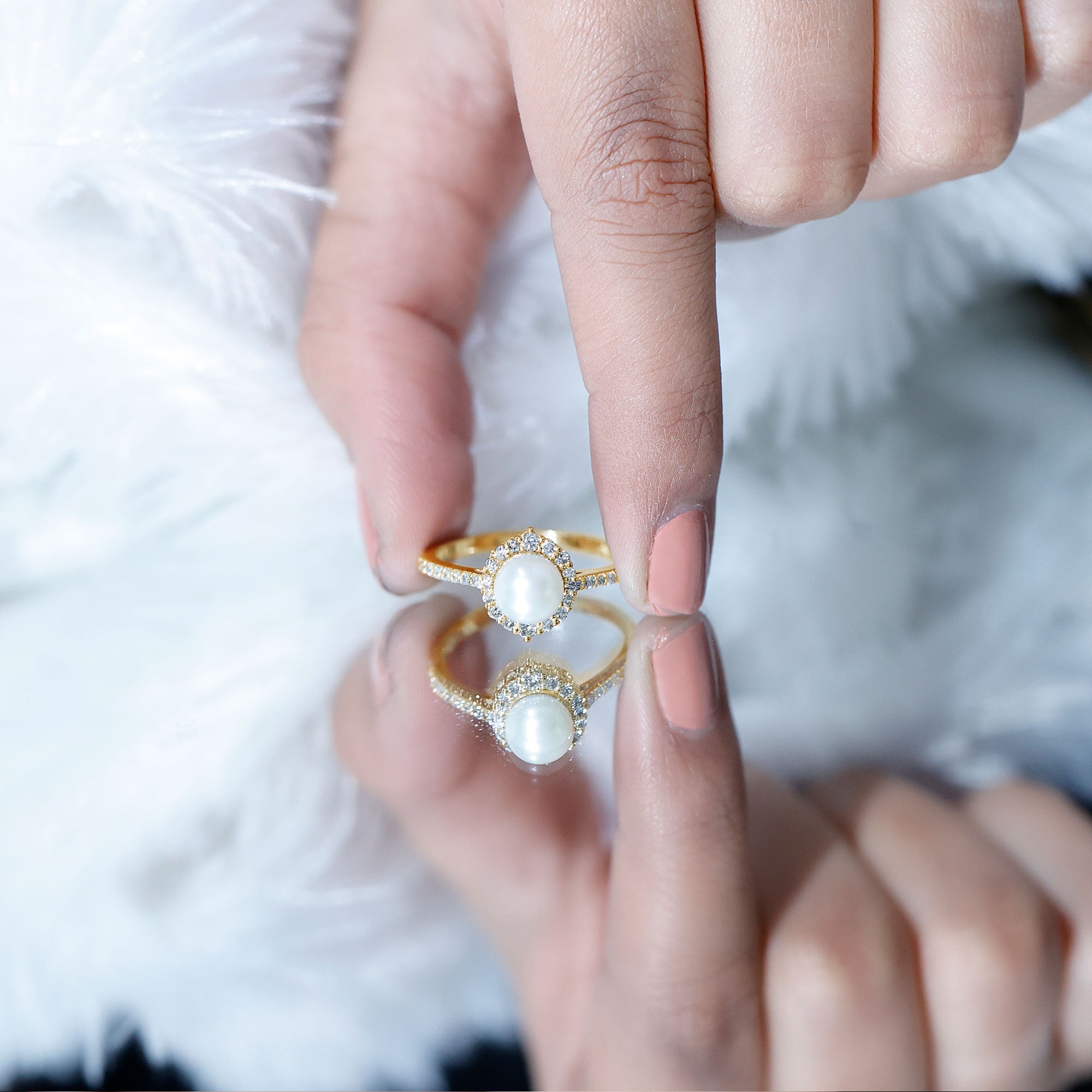 Rosec Jewels-Freshwater Pearl and Diamond Halo Engagement Ring