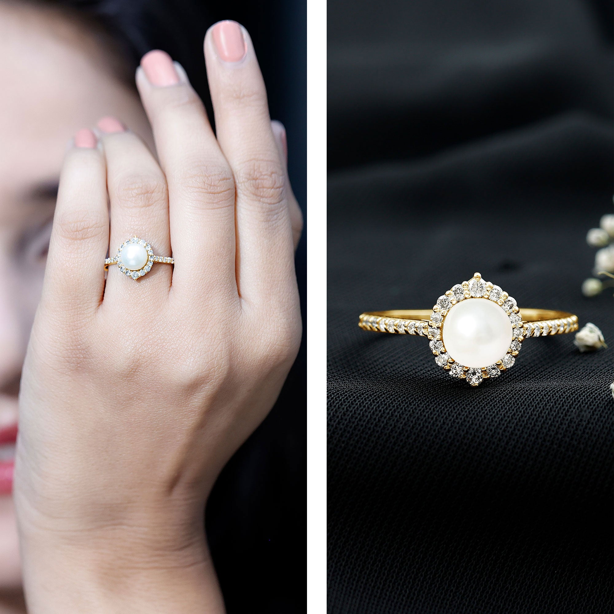 Rosec Jewels-Freshwater Pearl and Diamond Halo Engagement Ring